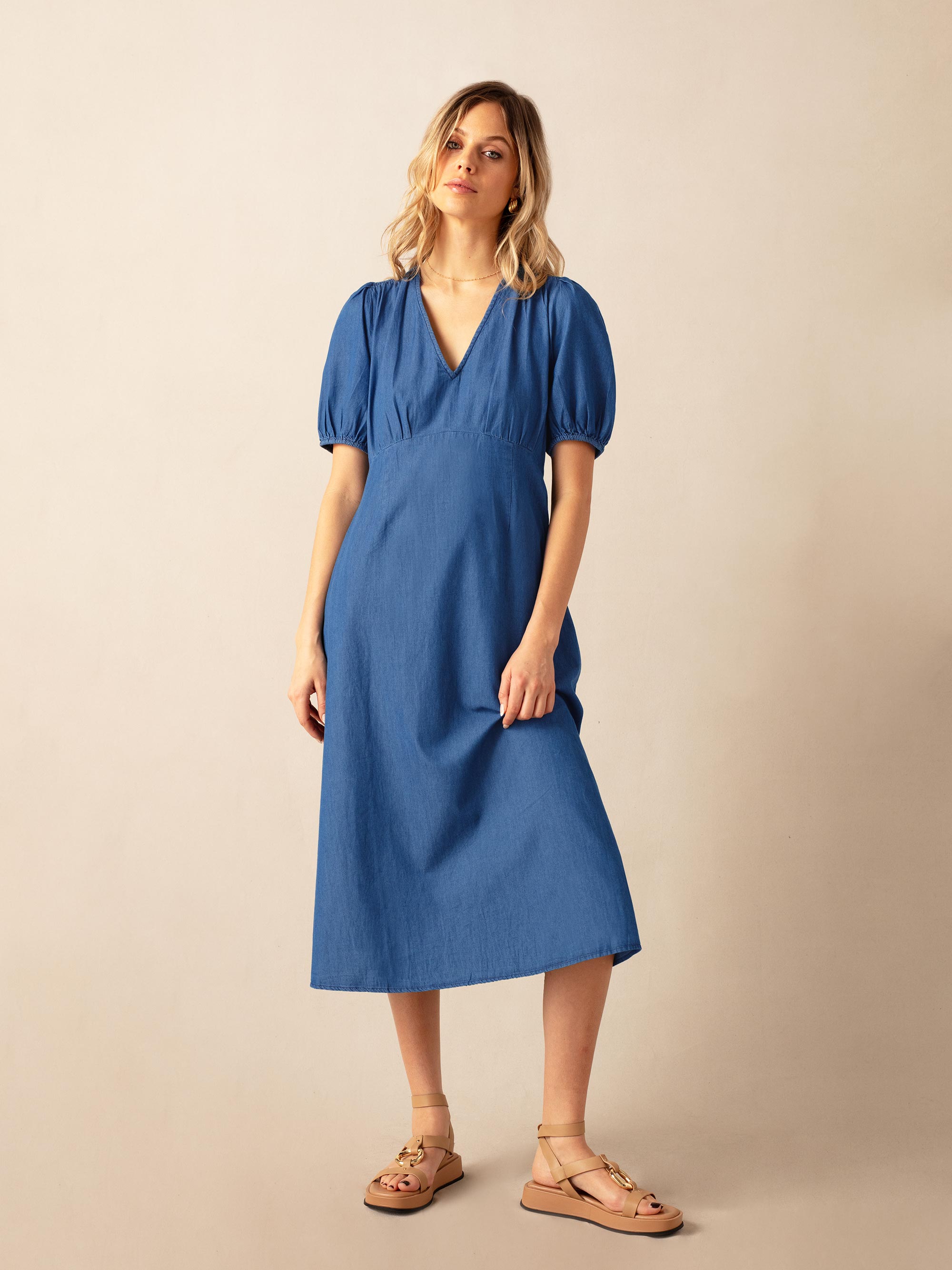 Stylish Denim Shirred Shoulder Midi Dress for Women | Casual Summer Outfit | Perfect for Beach, Brunch & Date Nights