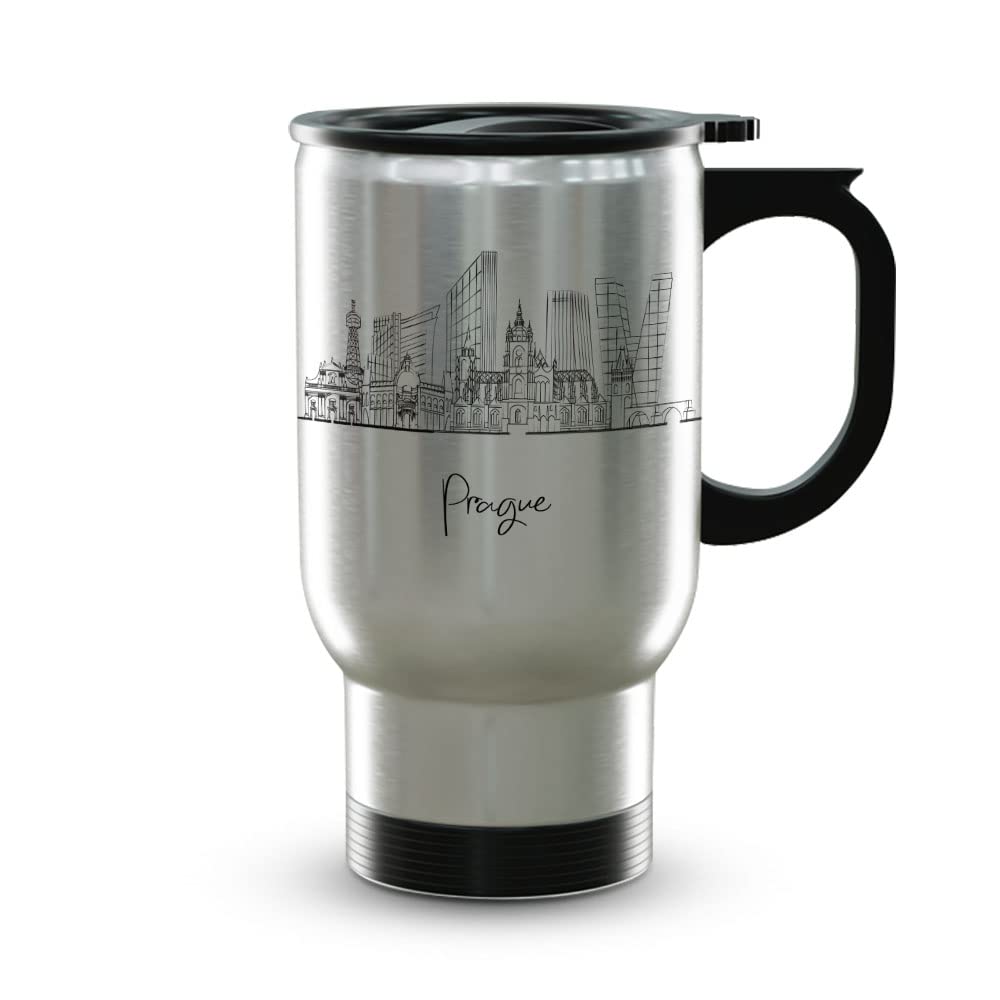 TJ Originals - Prague Skyline 14oz Insulated Travel Mug with Lid, Double-Wall Vacuum Insulation Keeps Drinks Hot/Cold, Perfect Coffee Tumbler for Commuting, Office, Travel & Gifts - Prague Souvenirs & Tourist Memorabilia