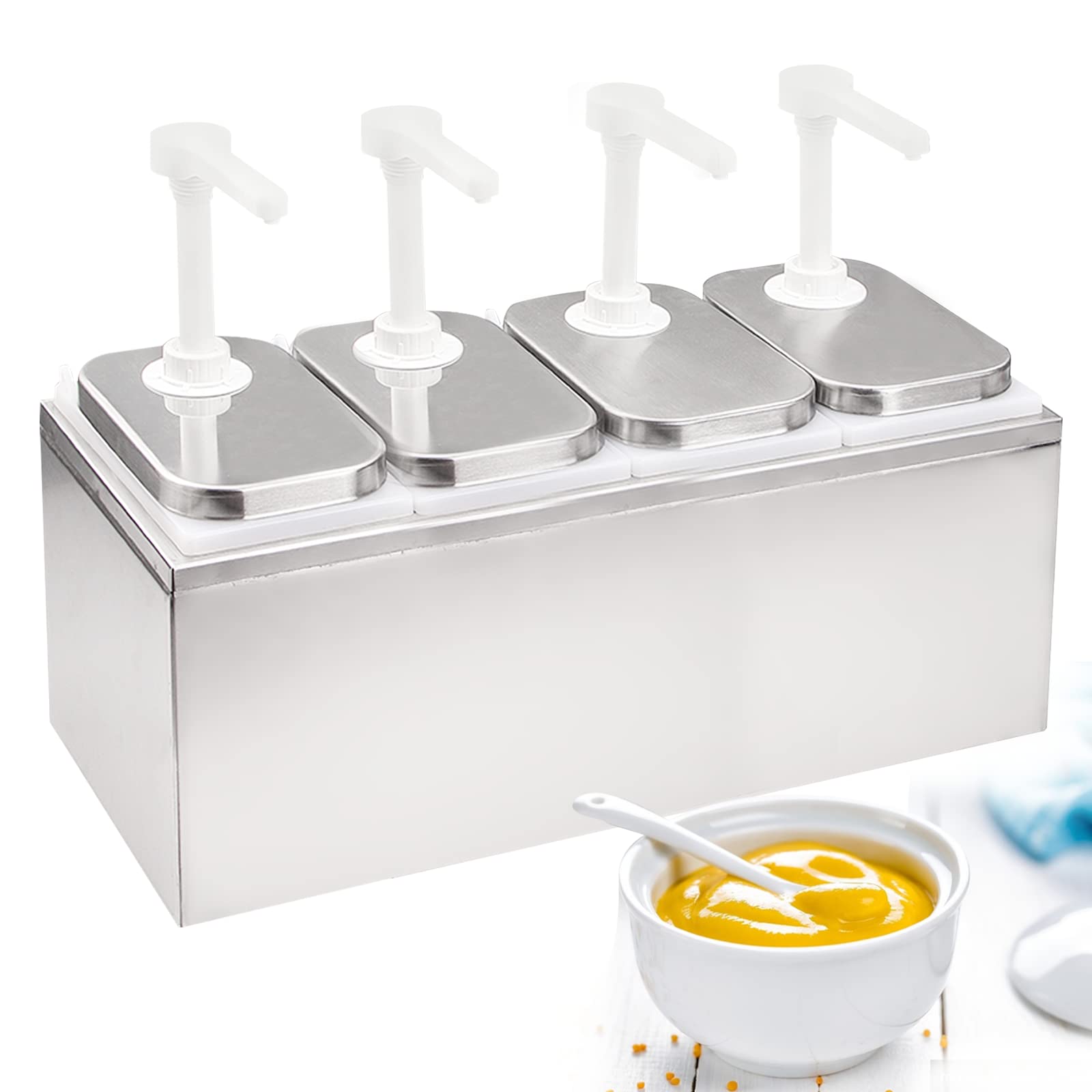 8L Stainless Steel Sauce Dispenser Pump with 4 x 2.3 Quart Jars - Commercial Condiment Pump Station for Restaurants, Cafes & Catering Services