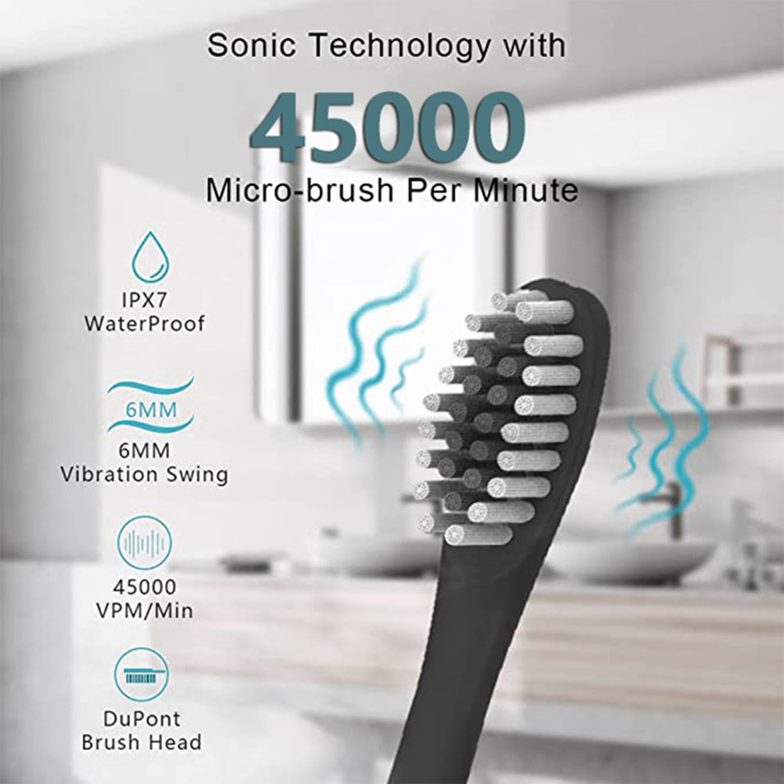 Premium Electric Toothbrush for Adults - 8 Replacement Brush Heads, 6 Cleaning Modes, IPX7 Waterproof - Perfect Travel Toothbrush with Case (Black) | Ideal for Home Use, Business Trips & Gifts for Women & Men
