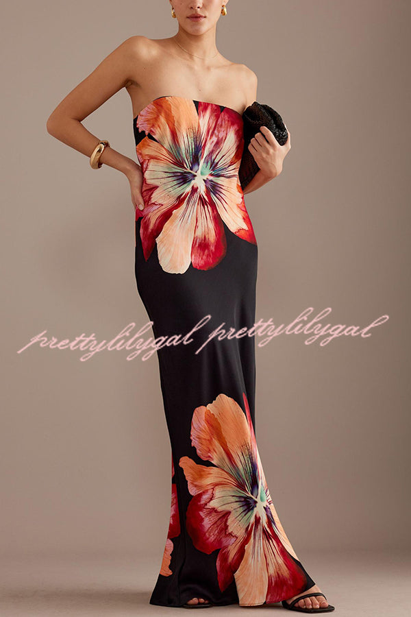 Elegant Floral Print Satin Bandeau Maxi Dress for Women - Perfect for Beach Vacations, Summer Parties & Boho Chic Outfits