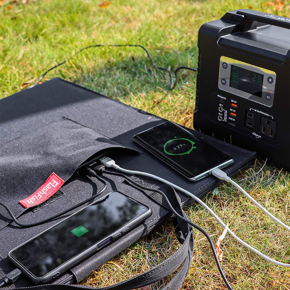 100W 18V Portable Solar Panel | FF FLASHFISH Foldable Solar Charger with Dual 5V USB & 18V DC Output | Compatible with Generators, Phones, Tablets | Perfect for Camping, Hiking & Emergency Power Backup