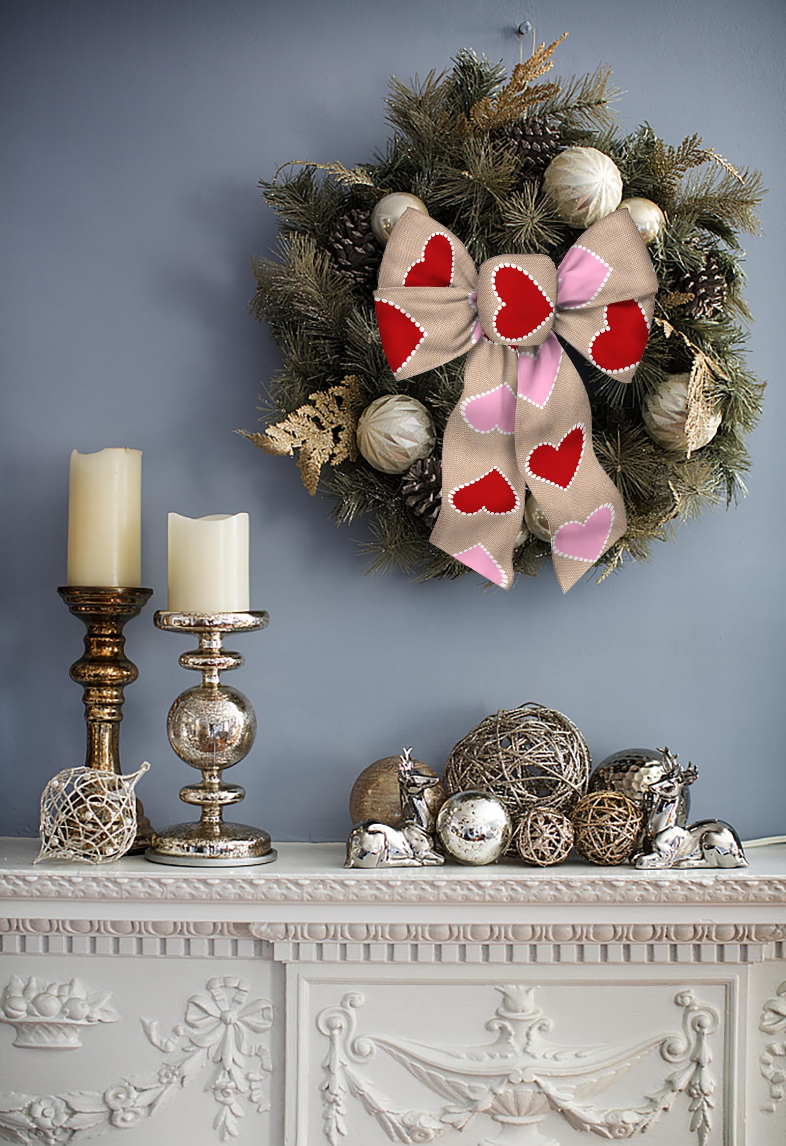 2 Pack Valentine's Day Wreath Bows - Red & Pink Heart Burlap Bows for Front Door Decor, Wedding, Farmhouse, Christmas Tree - Rustic Valentine's Decorations for Home & Party