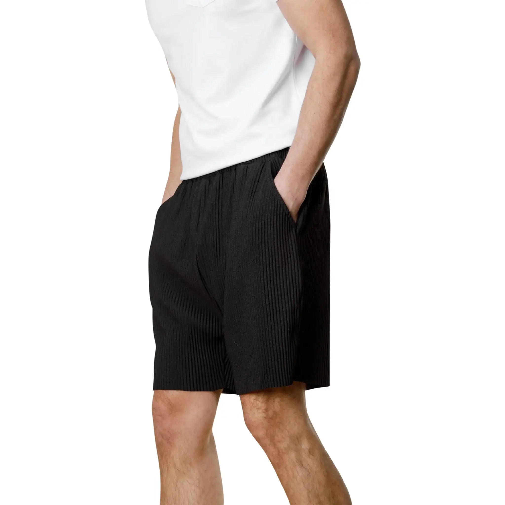Belier Pleated Black Resort Shirt & Shorts Set - Stylish Summer Vacation Outfit for Men - Perfect for Beach, Poolside, and Tropical Getaways