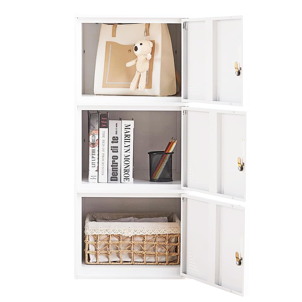 3-Door Metal Locker - Heavy Duty Steel Storage Cabinet with Lock | Secure Vertical Organizer for Office, School, Home & Gym | White Employee Storage Locker for Clothes, Books & Personal Items