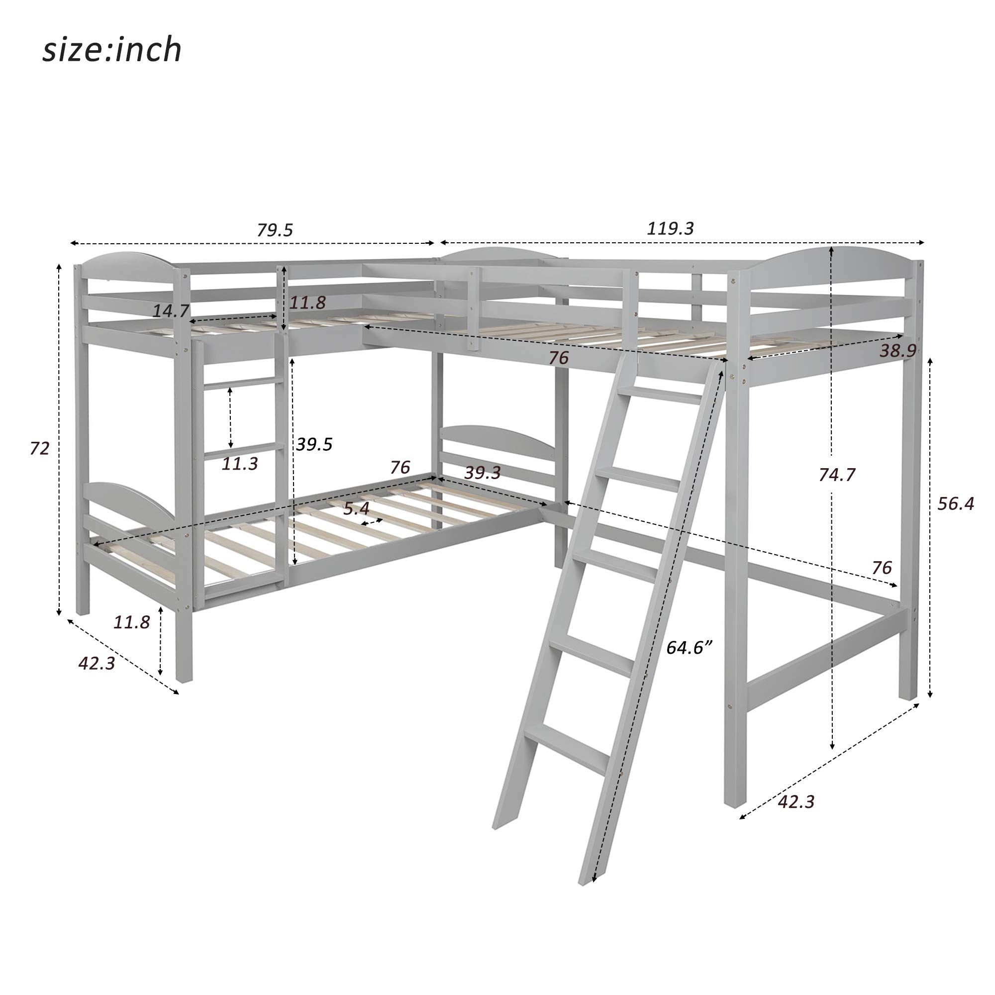 Merax Twin Over Twin L-Shaped Bunk Bed with Loft - Solid Pine Wood Bunk Bed for Kids, Teens & Adults - Space-Saving Gray Bunk Bed for Small Rooms - No Box Spring Needed - Perfect for Dorm, Bedroom & Guest Room