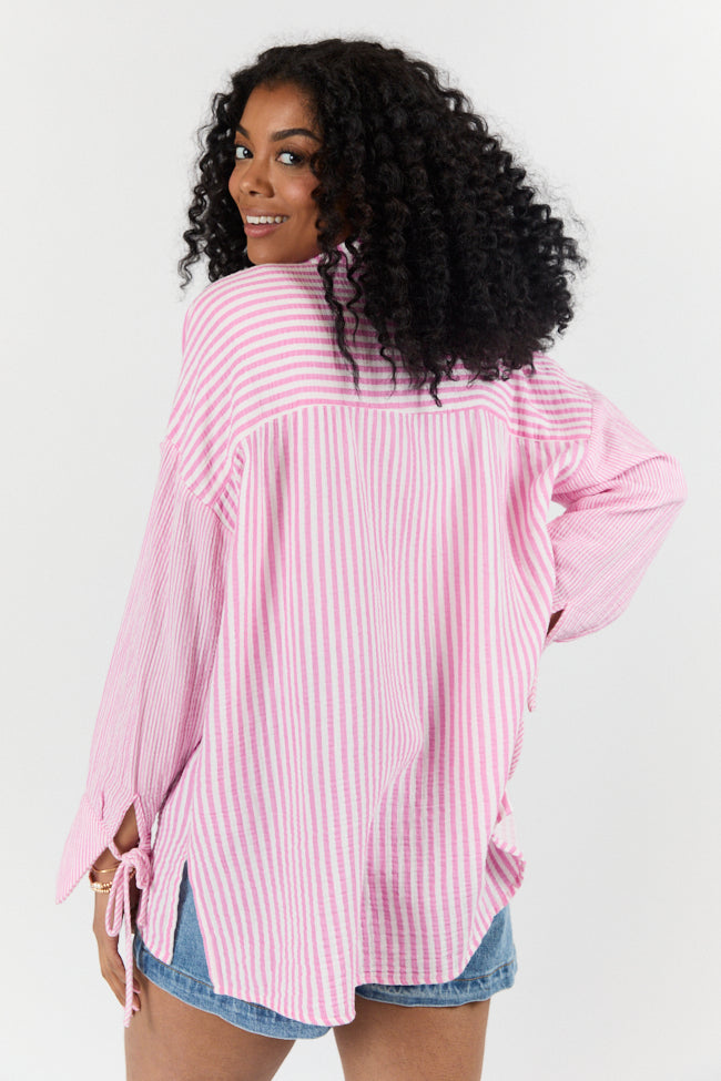 Daybreak Dreams Women's Pink Gauze Button Down Shirt - Soft & Breathable Multi-Stripe Blouse for Casual Wear, Office & Summer Outfits