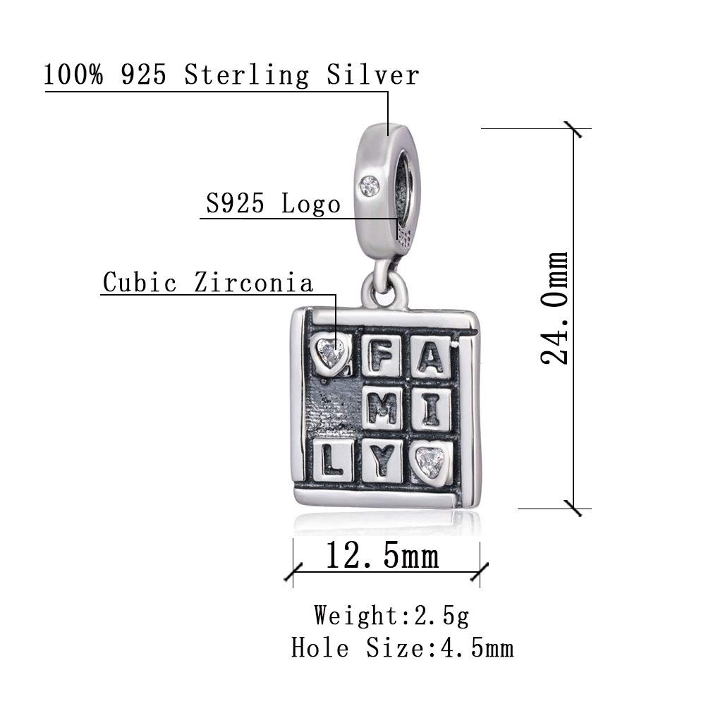 925 Sterling Silver Family Love Square Pendant Charm - Dangle Beads for European Charm Bracelets & Necklaces | Perfect for Gifts, Anniversaries, and Mother's Day