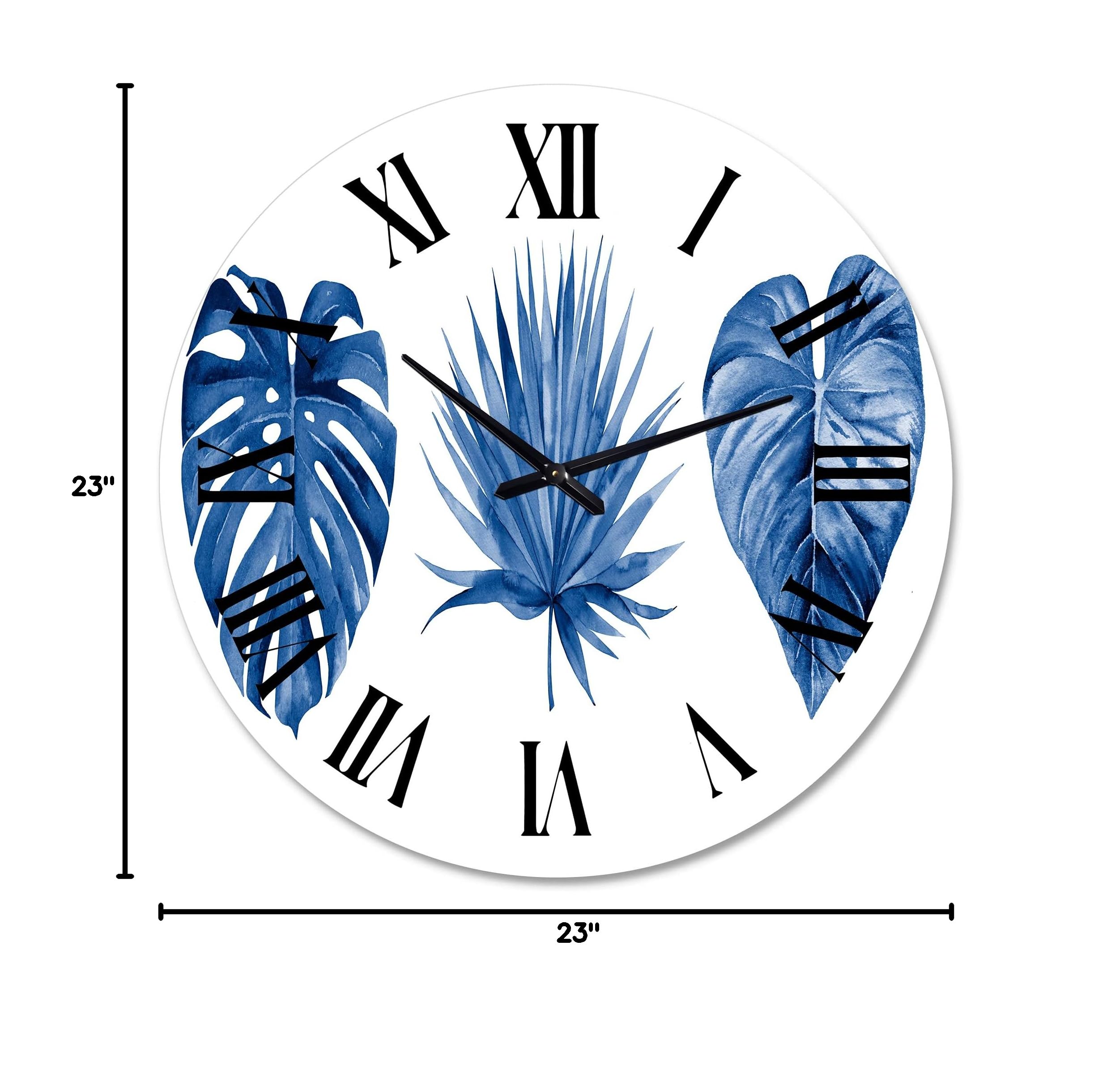 DesignQ Tropical Wall Clock - Classic Blue Tropical Leaves Floral & Botanical Large Wall Decor for Bedroom, Living Room & Office | Perfect for Home, Beach House & Tropical Theme Decor