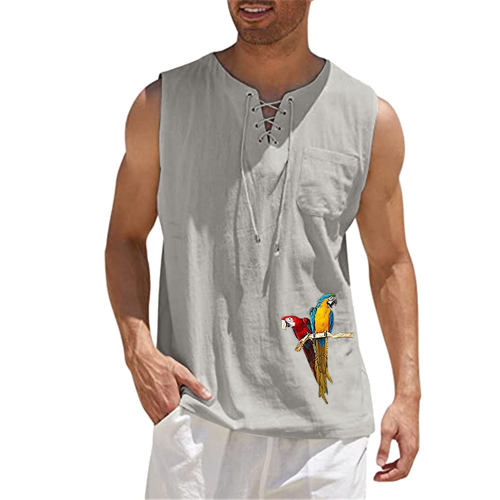 Men's Linen Cotton Sleeveless V-Neck Tank Top - Breathable Summer Casual Tee with Pockets for Beach, Gym & Outdoor Activities