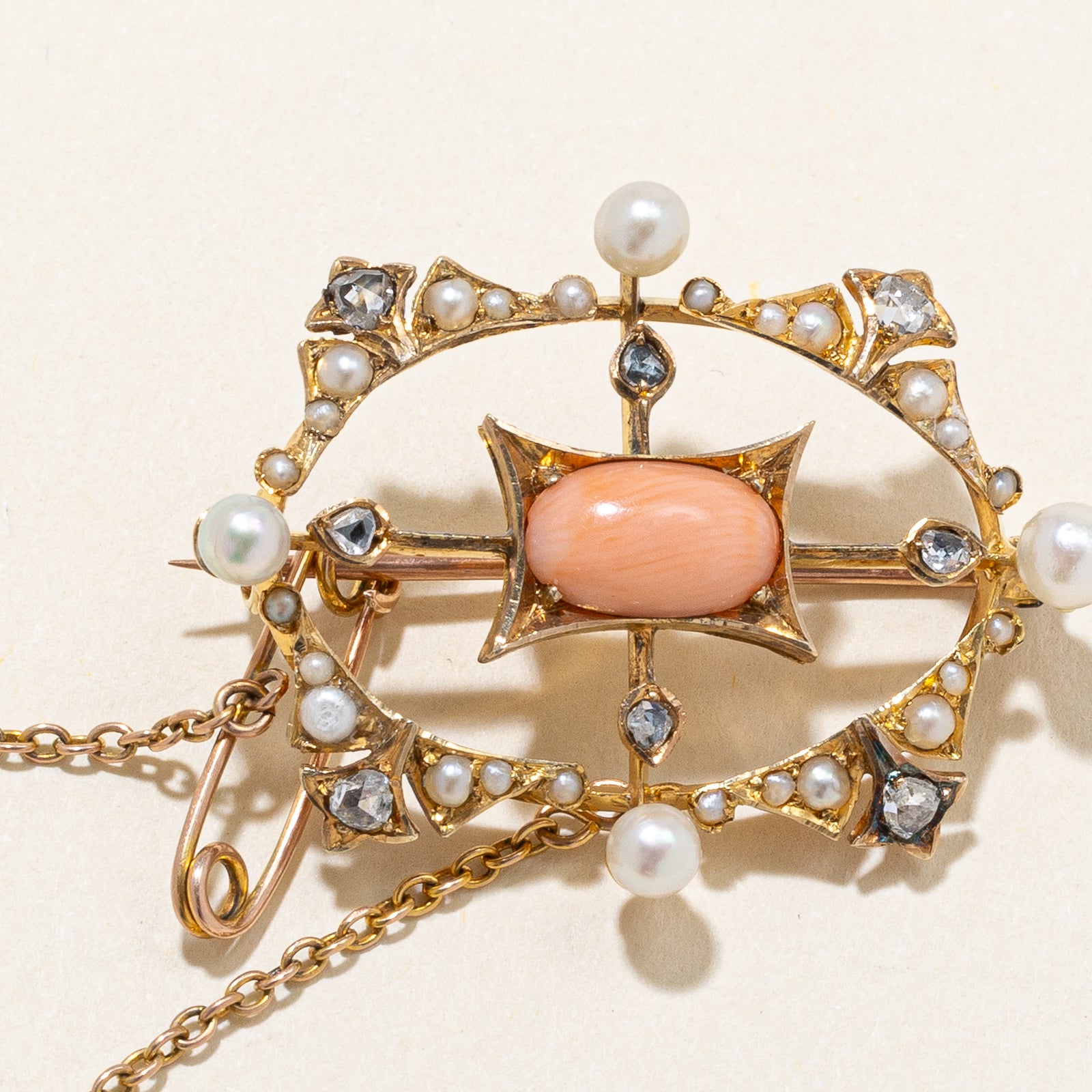 Victorian Coral Rose Cut Diamond & Seed Pearl Brooch - 1.79ctw Total Diamond Weight, 0.16ctw Seed Pearls | Antique Jewelry for Women, Vintage Brooch for Wedding, Party & Special Occasions