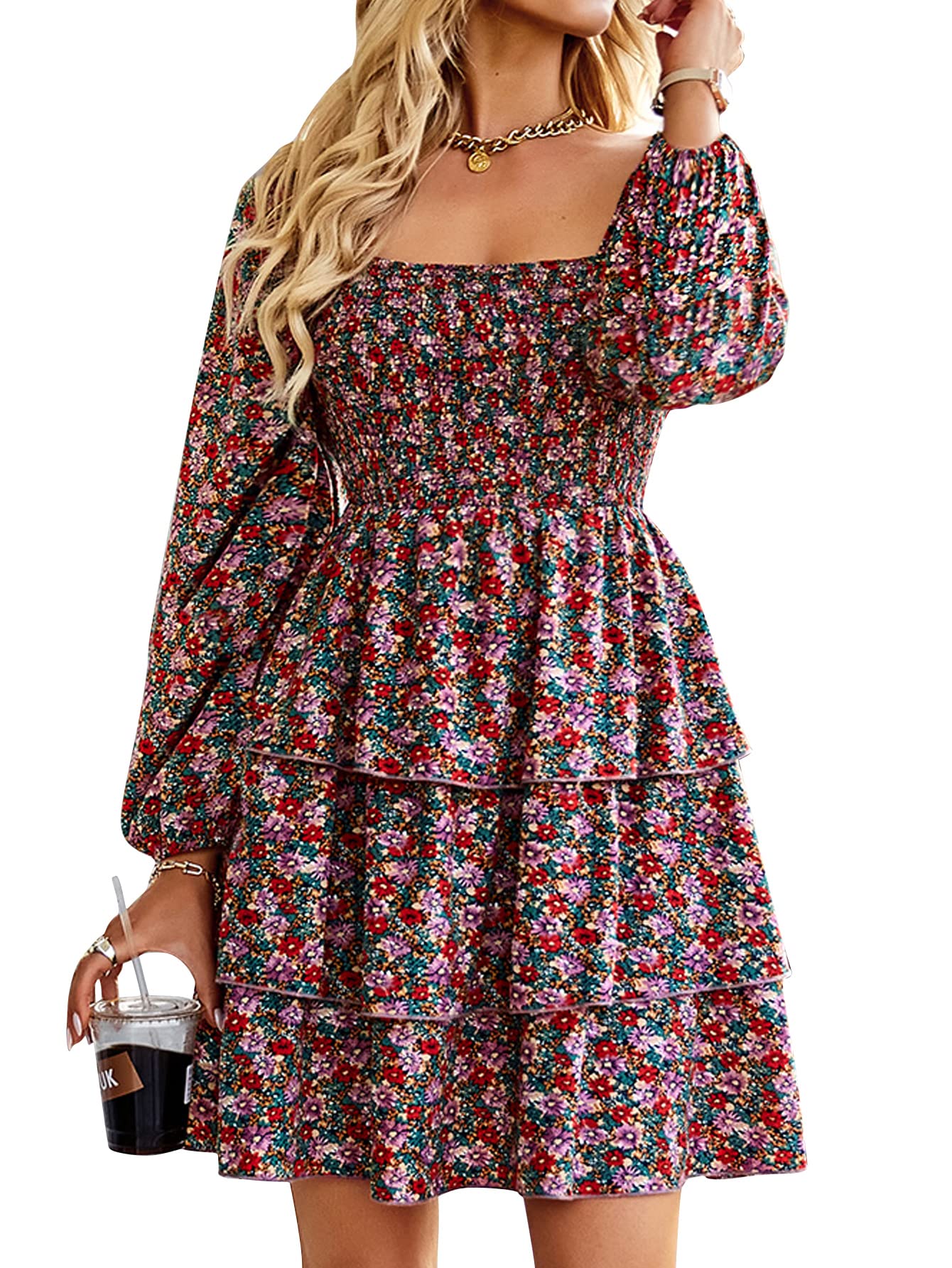 Vaiaye Women's Vintage Floral Square Neck Midi Dress - Chiffon Half Sleeve Summer Dress with Ruffle & Elastic Bust - Perfect for Beach Vacations, Garden Parties & Date Nights