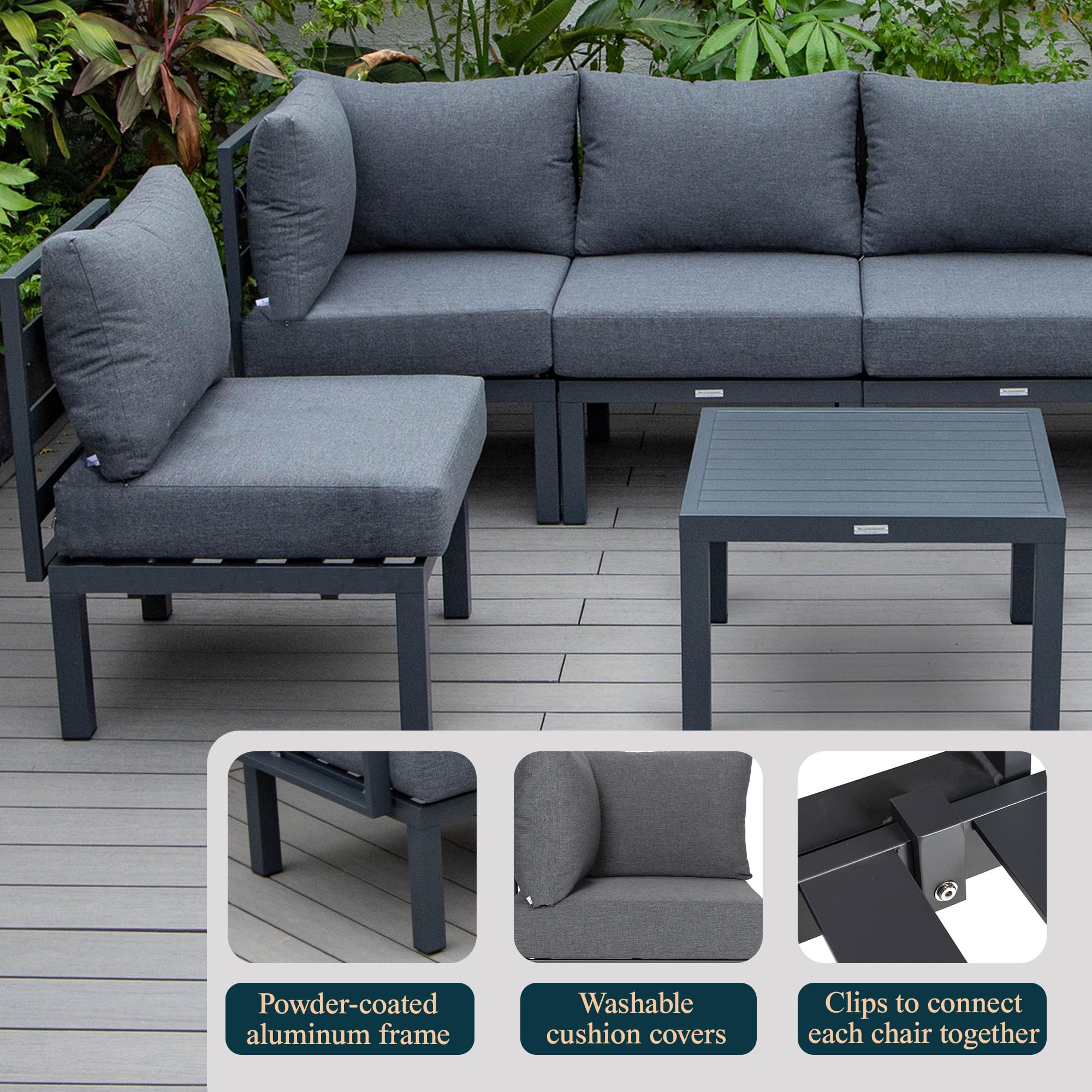 LeisureMod 7-Piece Outdoor Patio Set with Coffee Table - Black Aluminum Sectional & Cushions for Garden Relaxation