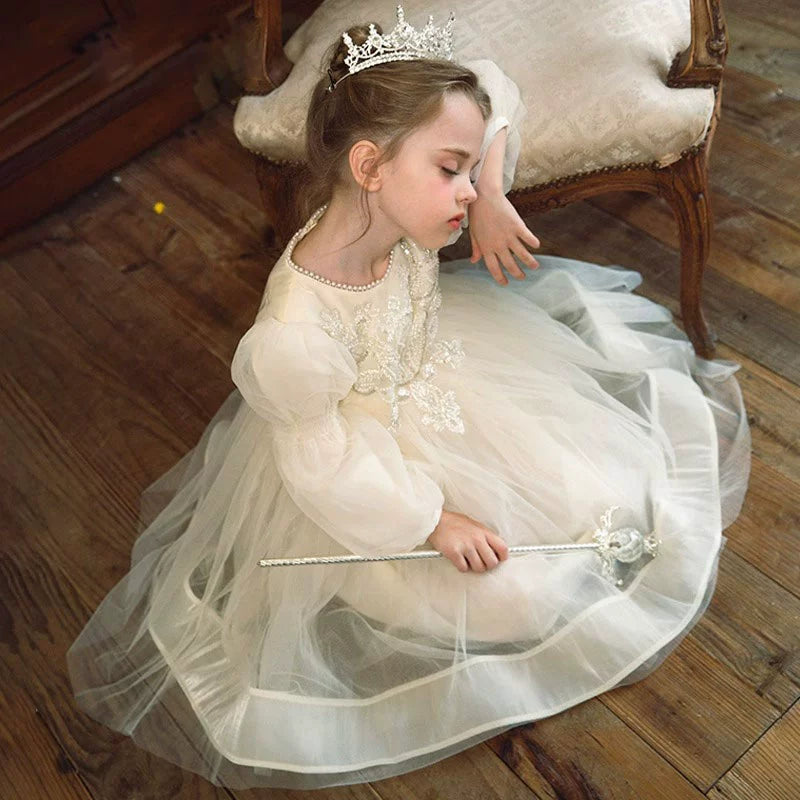 Ivory Princess Round Tea Length Tulle Flower Girl Dress - Perfect for Weddings, Birthday Parties & Special Occasions