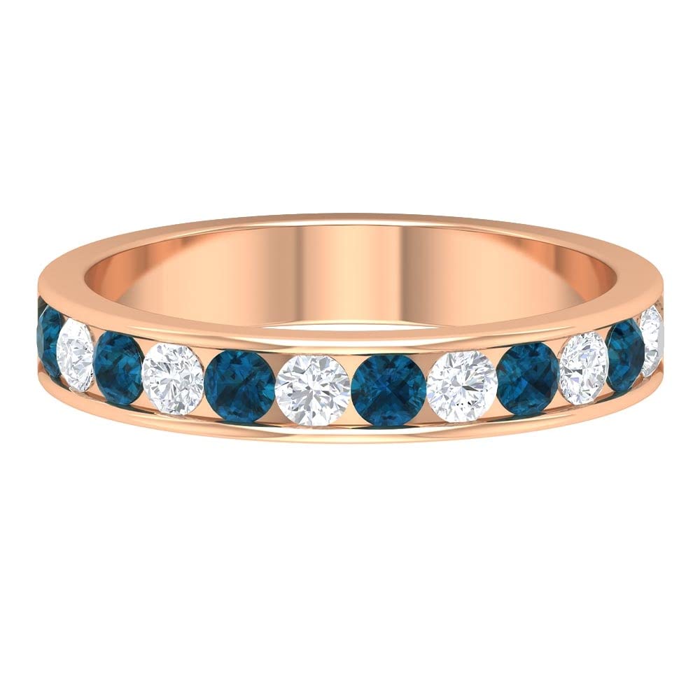 1 CT London Blue Topaz & Diamond Half Eternity Ring in 14K Solid Gold - Channel Set Blue Topaz & Diamond Semi Eternity Band - Elegant Wedding Ring, Anniversary Gift, Engagement Jewelry for Women