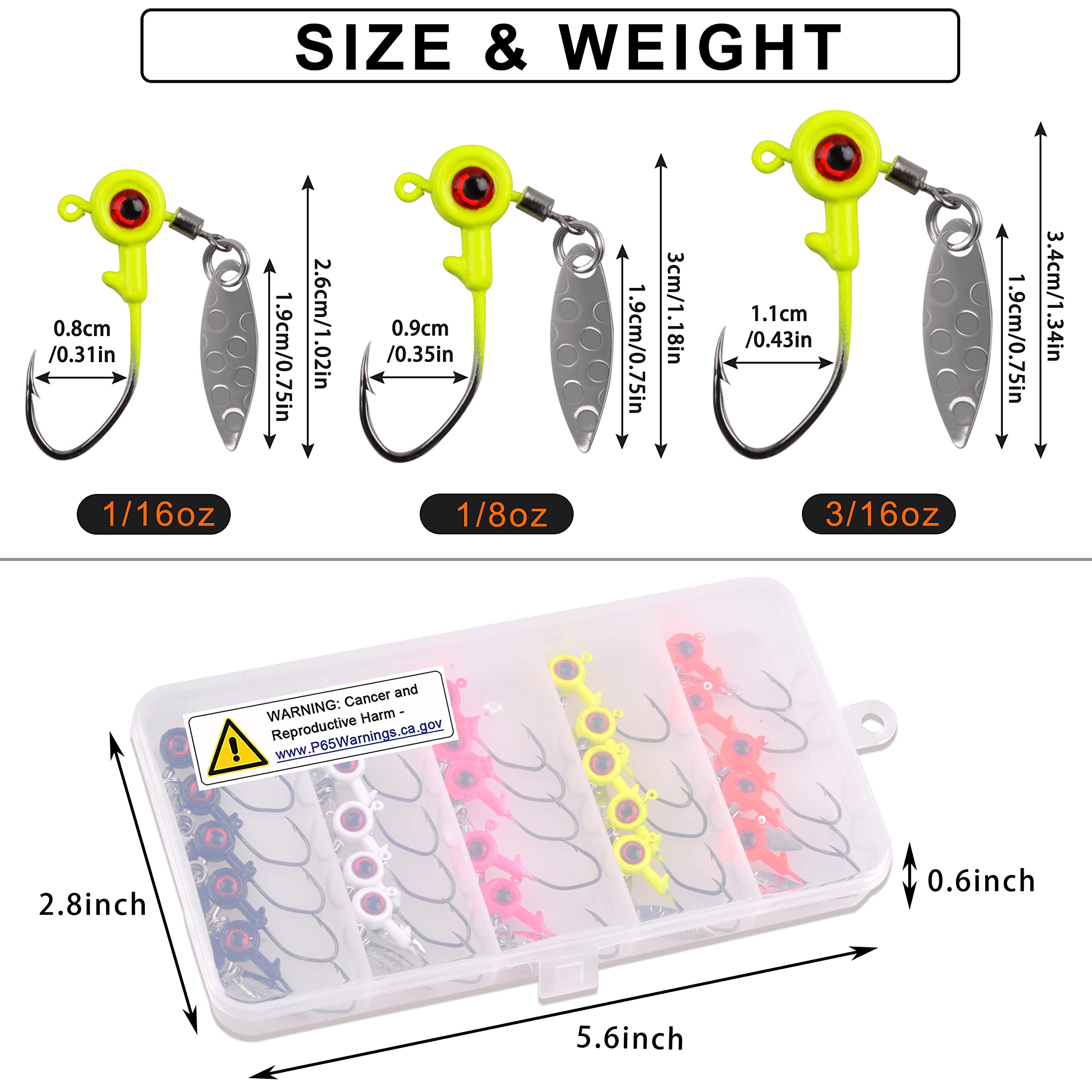 25Pcs Crappie Fishing Jig Heads Kit with Spin Blade & Eye Ball Painted Hooks - 1/16oz 1/8oz 3/16oz Underspin Jigs for Bass, Trout, Walleye - Perfect for Freshwater Fishing, Ice Fishing & Kayak Angling
