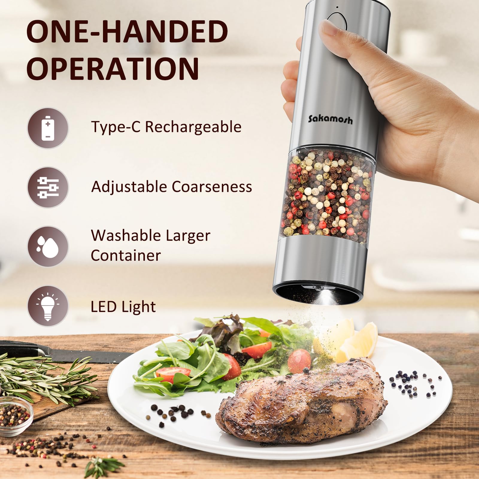 Premium Rechargeable Electric Salt and Pepper Grinder Set - Adjustable Coarseness with LED Light, Stainless Steel Refillable Spice Mill (2 Pack) - Perfect for Kitchen, Dining Table, Camping & Gifts