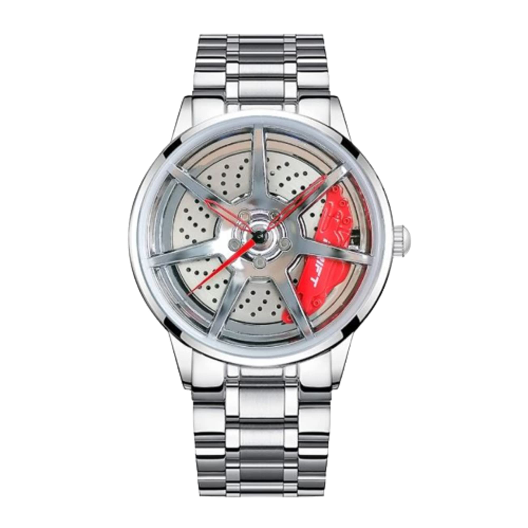 DriftElement Men's Motorsport Watch - Stainless Steel 3D Rim Design, Mineral Glass, Quartz Movement (Silver-Red) | Perfect for Racing Enthusiasts & Stylish Everyday Wear