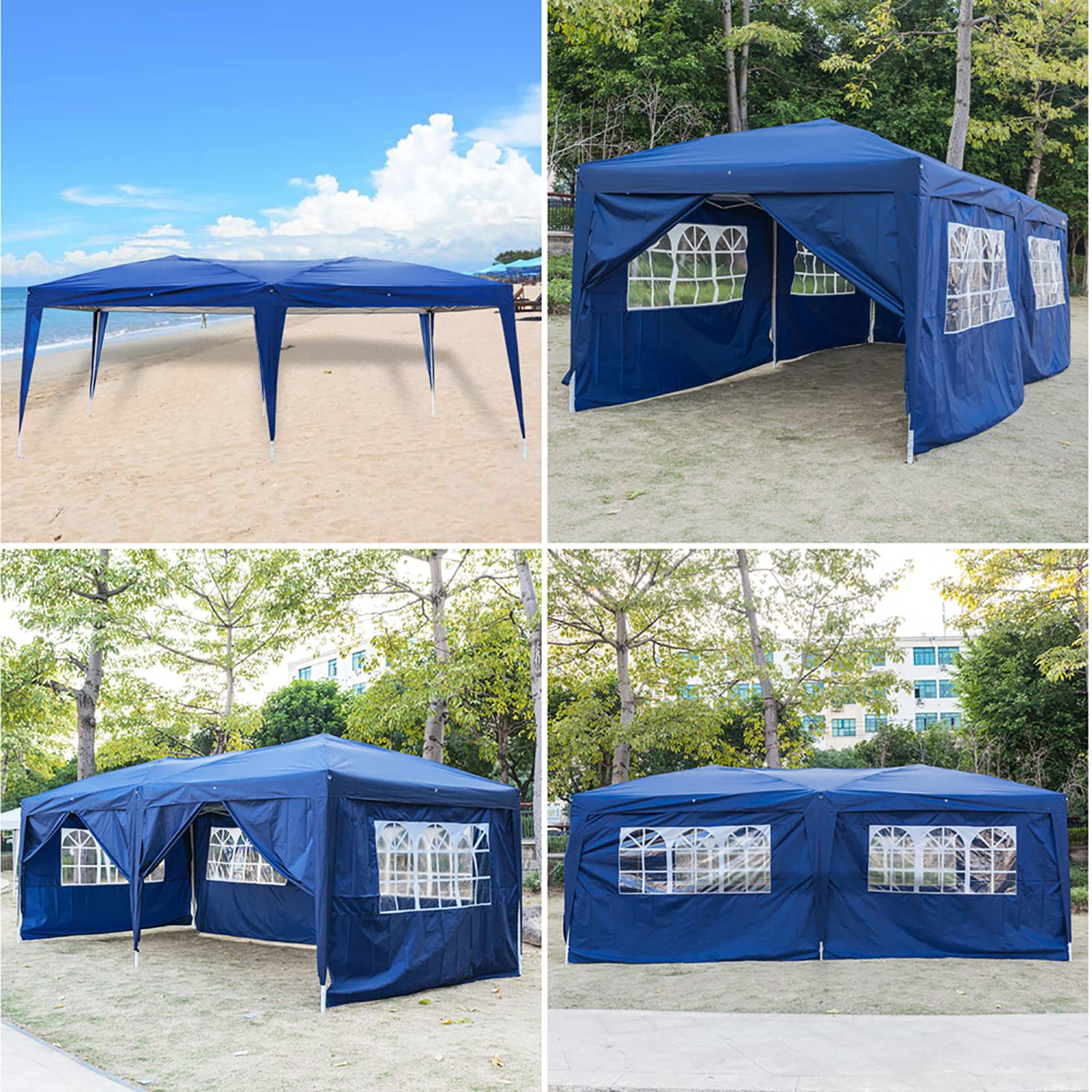 20x10ft Pop Up Beach Canopy Tent with Removable 4 Windows & 2 Doors - Portable Waterproof Right Angle Folding Sun Shelter with Carry Bag - Perfect for Outdoor Weddings, Parties, BBQ, Camping & Beach Events (Blue)