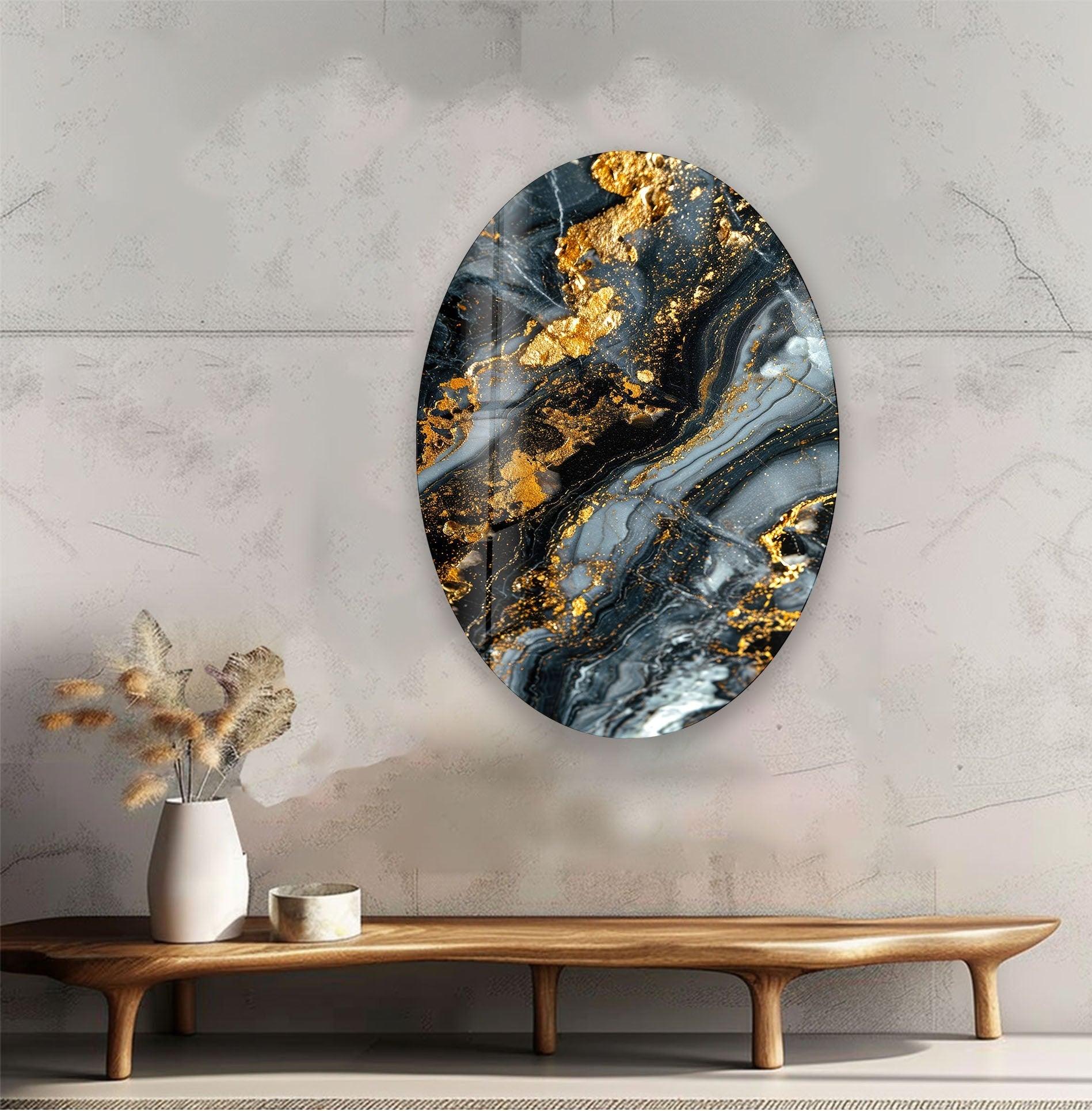 Asymmetric Oval Black Gold Splash Glass Wall Art - Modern Abstract Home Decor for Living Room, Bedroom & Office - Unique Handmade Glass Painting for Wall Decoration
