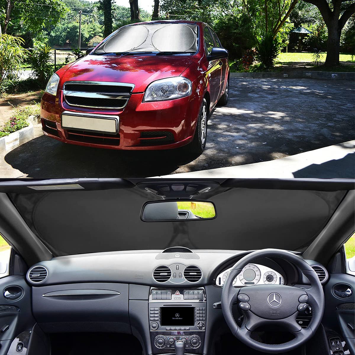 Foldable Car Sun Shade with Steering Wheel Cover - UV Protection for Cooler Cars (Small) - Perfect for Summer Parking