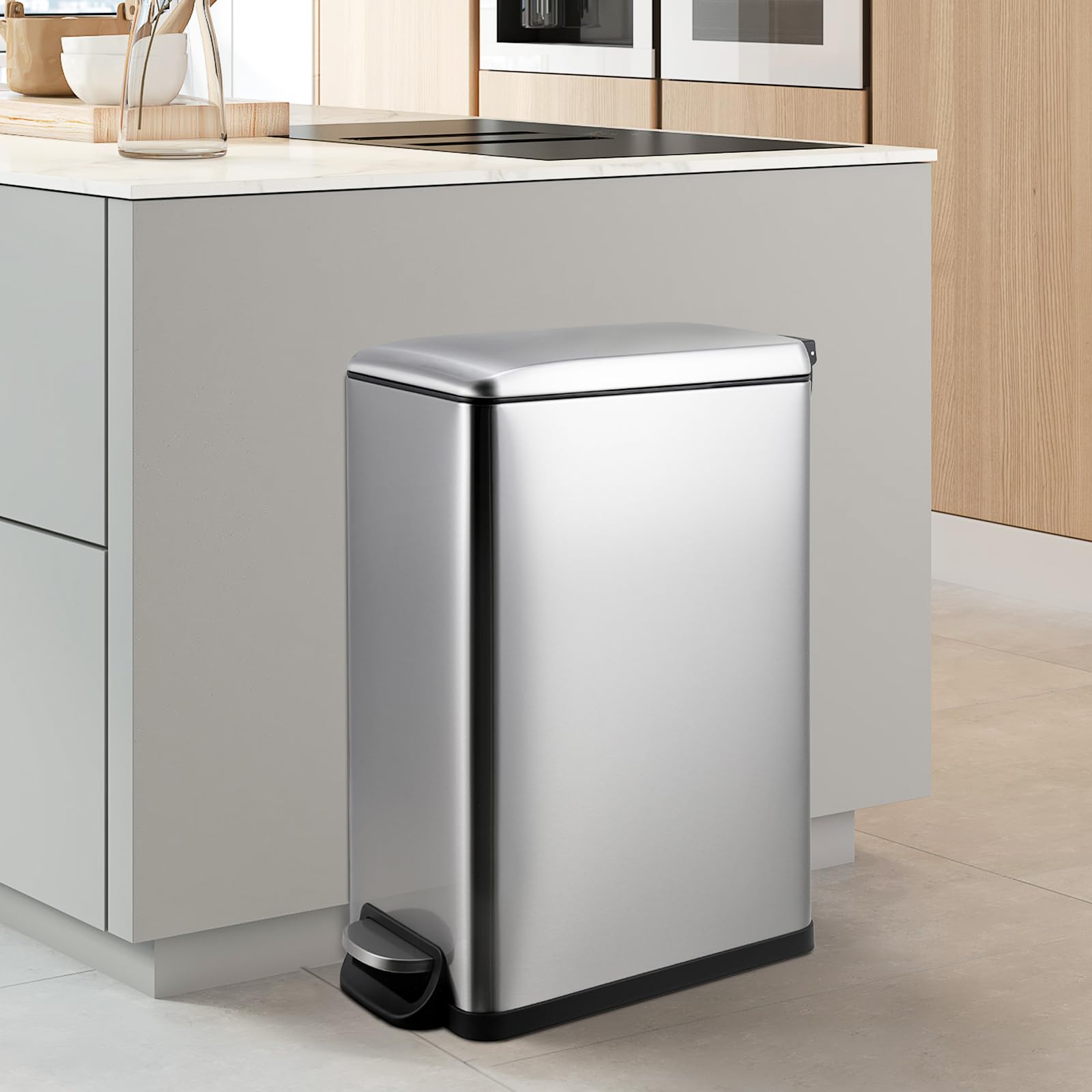 Arlopu 13.2 Gallon (50L) Slim Stainless Steel Kitchen Trash Can with Lid - Step-on Foot Pedal, Airtight Inner Bucket for Odor Control - Perfect for Kitchen, Bathroom & Office Waste Disposal