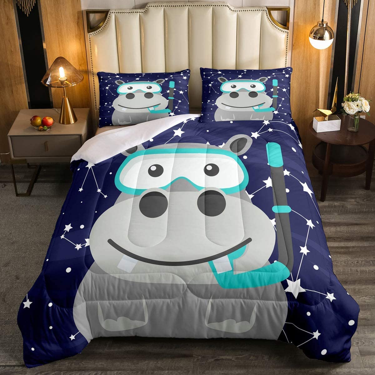 **Premium Galaxy Constellation Hippo Bedding Set - Queen Size Diving Sports Comforter for Kids, Boys & Girls | Cartoon Animal Quilt Set with 1 Comforter & 2 Pillowcases in Navy Blue | Perfect for Kids' Rooms, Sleepovers & Themed Bedrooms**