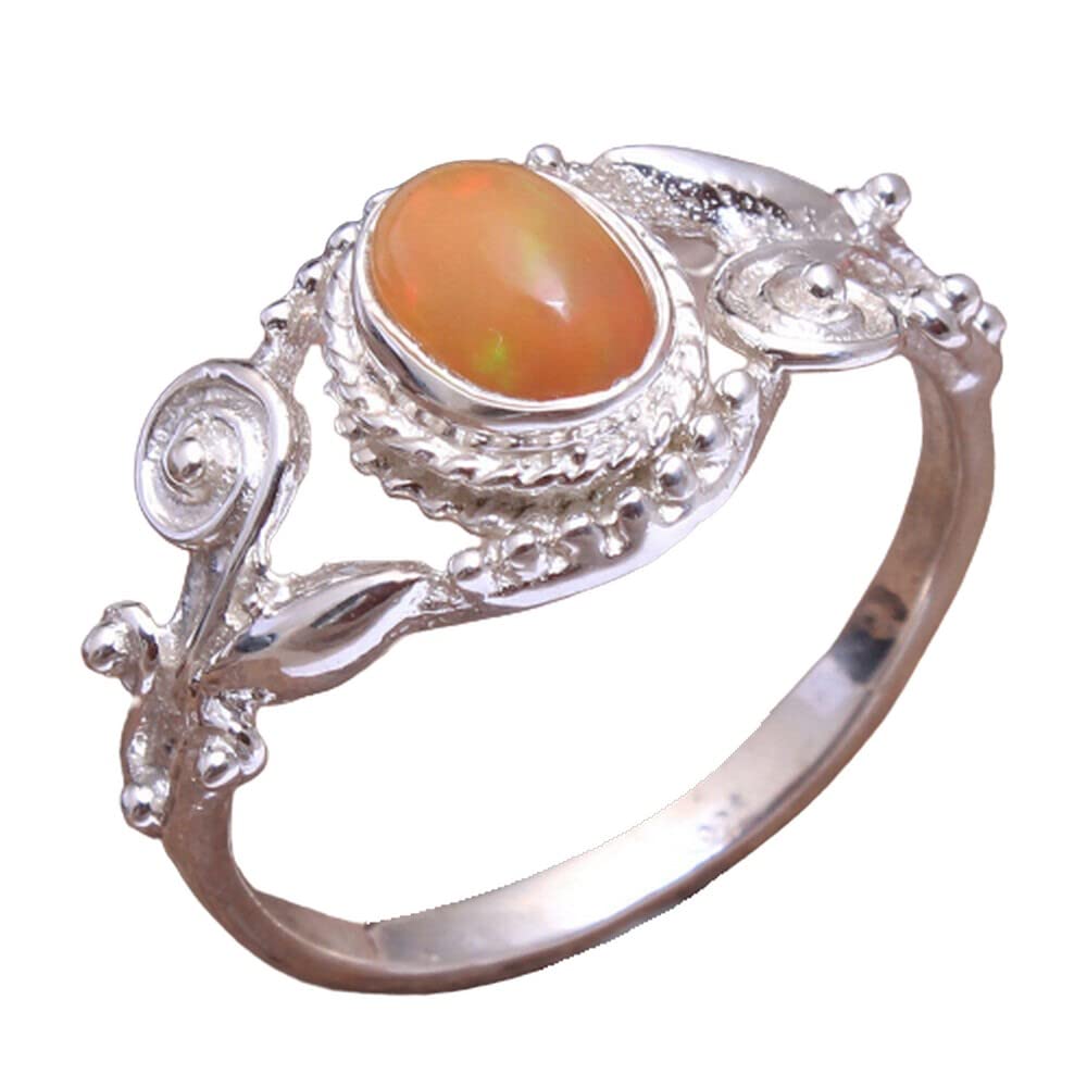 Ethiopian Opal 925 Sterling Silver Rings for Women | Orange Oval Gemstone Bridesmaid Rings | Handmade Bezel Set Stackable Rings | Perfect for Weddings, Anniversaries & Everyday Wear