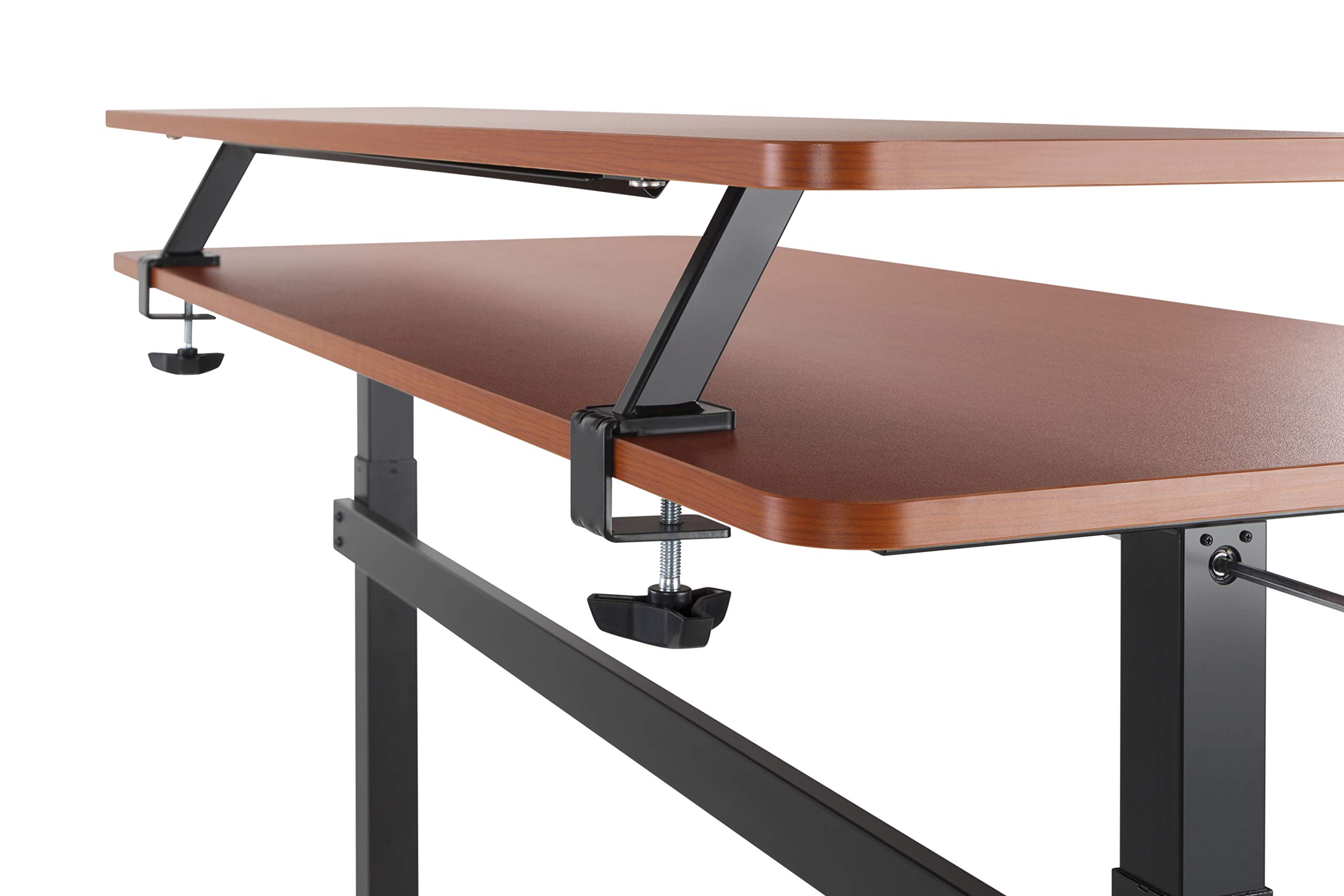 55 Inch Clamp On Monitor Stand with Shelf - Heavy Duty Ergonomic Desk Riser for 3 Monitors, Extra Storage Space - No Screw Installation, Cherry Finish - Perfect for Home Office & Gaming Setup