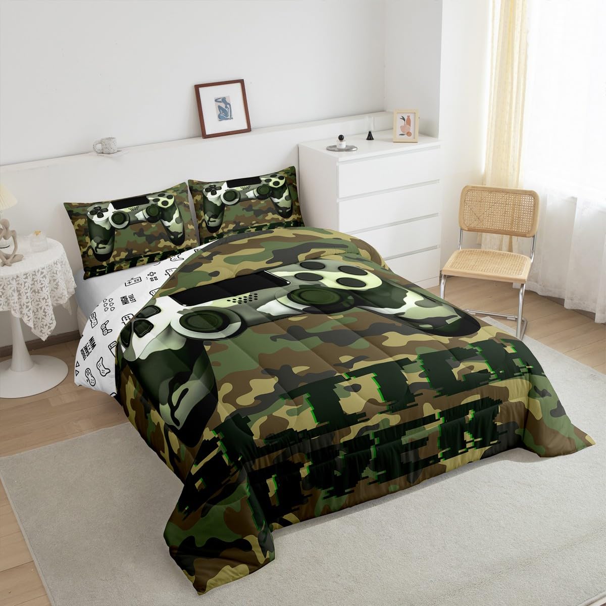 Erosebridal Twin Gaming Bedding Set for Boys - Army Green Comforter, Sheets & Pillowcase - Perfect for Gamer Room Decor & Kids/Toddler Bedrooms