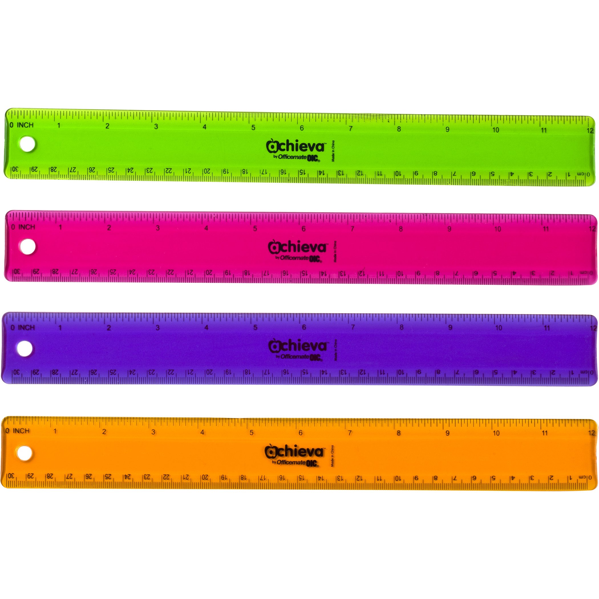Officemate OIC Achieva 12-Inch Flexible Plastic Ruler - 12-Pack Assorted Translucent Colors (30209) - Perfect for School, Office & Craft Projects