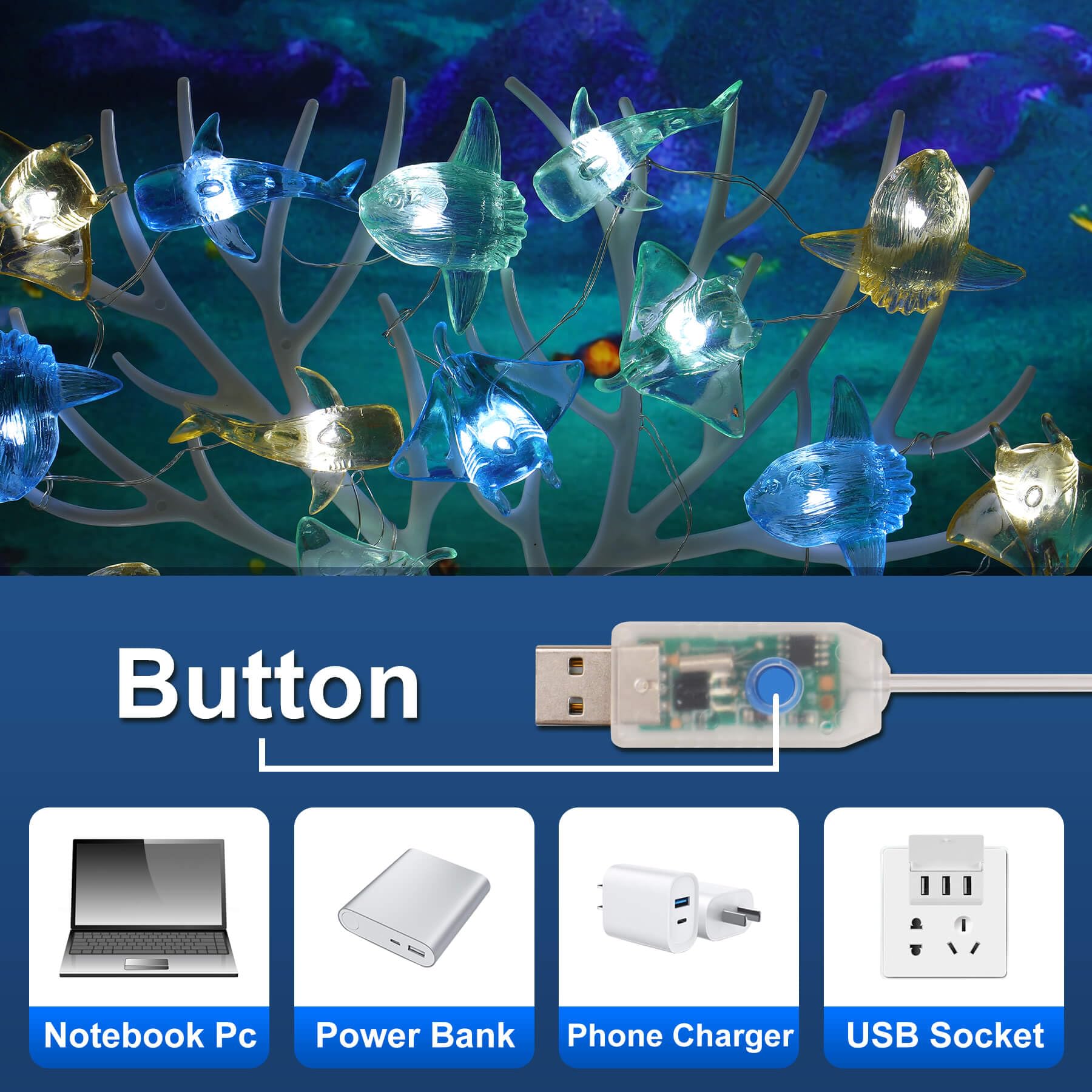 Ocean Fairy String Lights - 30 LED Marine Life Decor for Bedroom & Parties