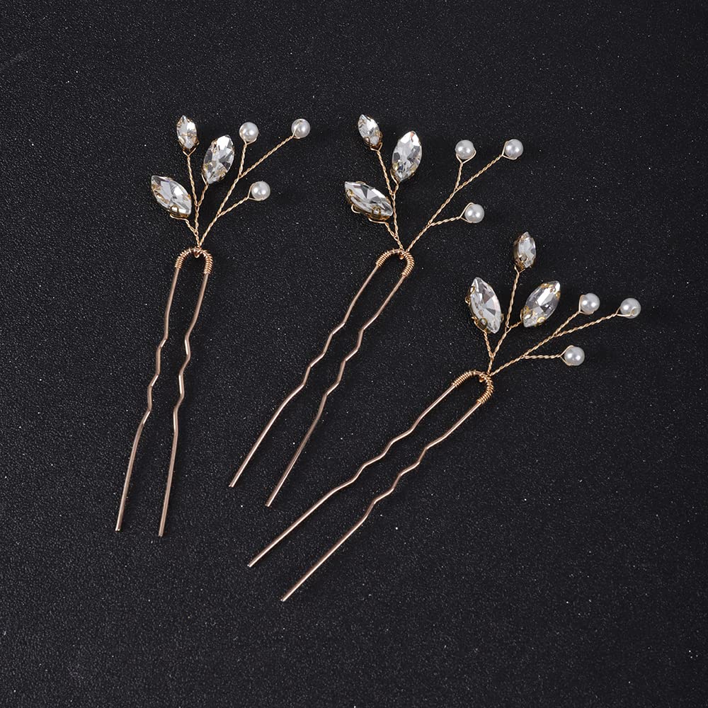 Elegant Silver Pearl Rhinestone Bridal Hair Pins - Handmade Wedding Hair Accessories for Brides & Women (3PCS Set, Gold) | Perfect for Wedding, Prom, Party & Special Occasions