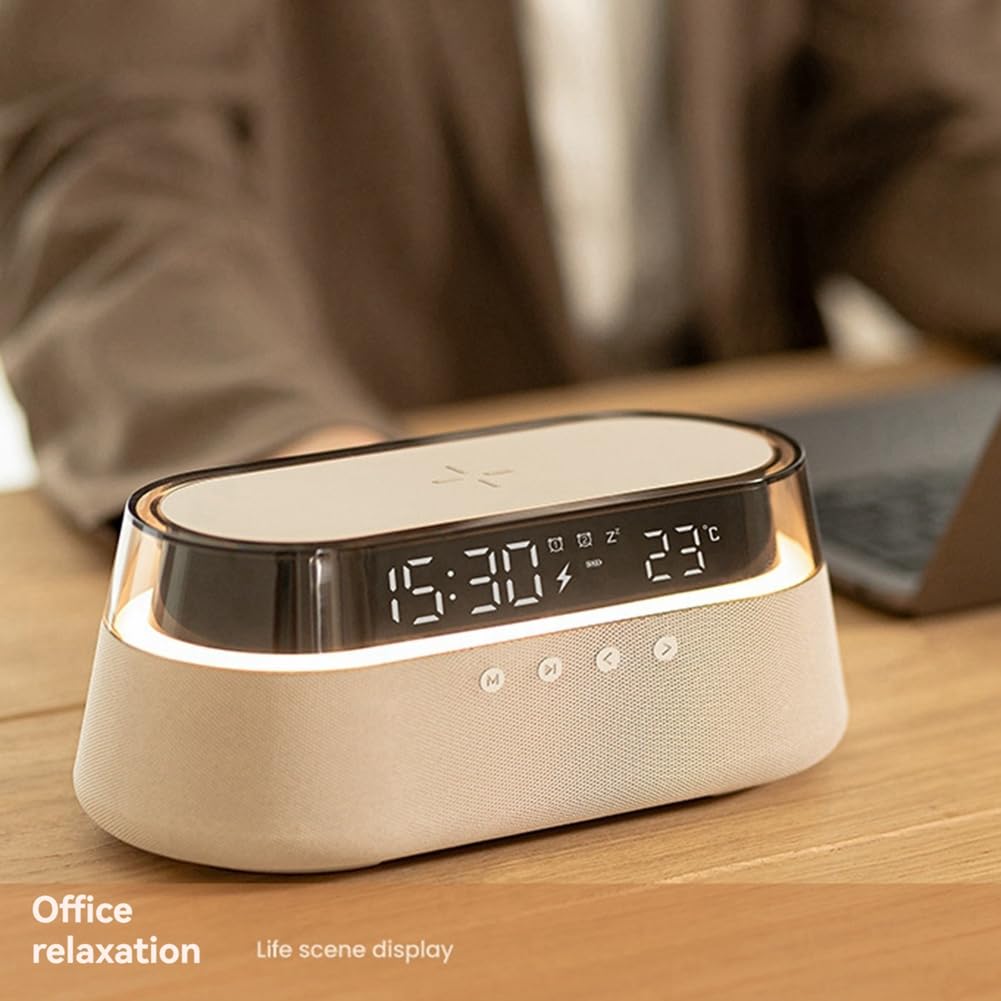 Colorful Wireless Bluetooth Speaker with Wireless Charging, Digital Display Clock & Night Light - Multi-Functional Music Desk Lamp for Home, Office & Bedroom Use