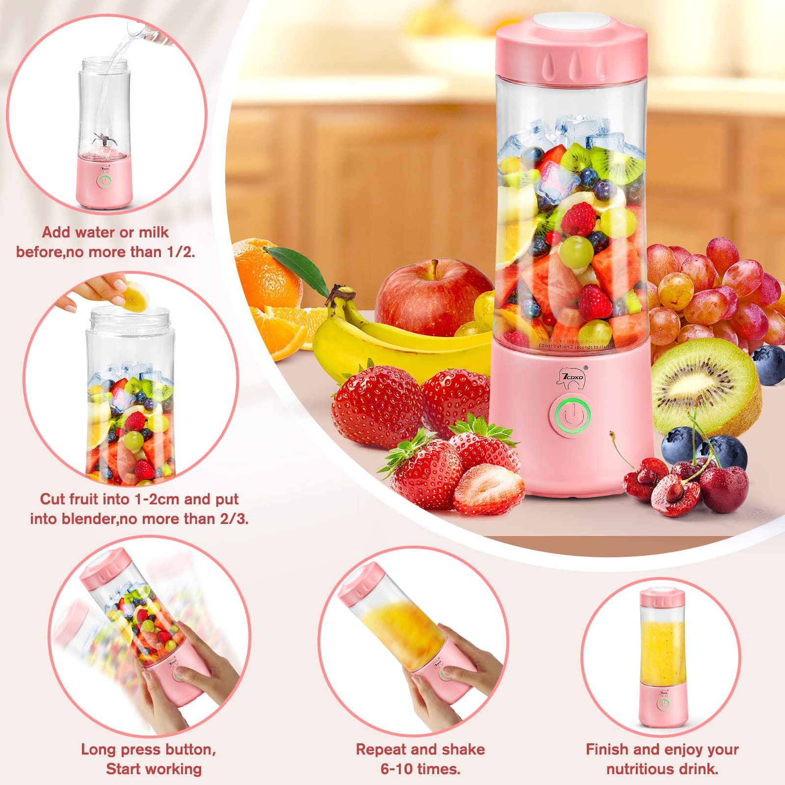 Portable USB Rechargeable Blender for Shakes, Smoothies & Protein Drinks - Personal Travel Blender Bottle for Gym, Office & Home Use - Perfect for Fitness, Camping & On-the-Go Lifestyles