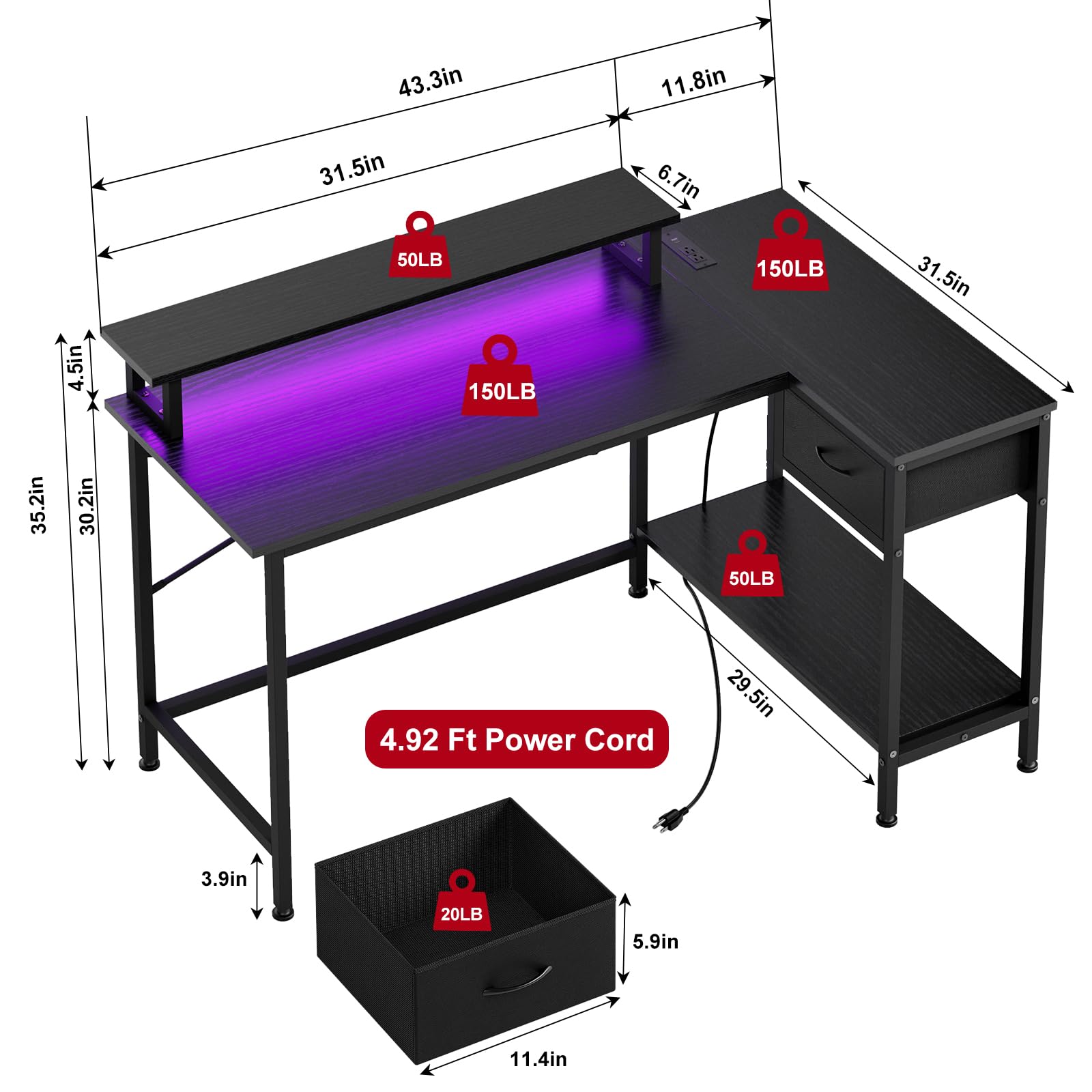 Fixwal L-Shaped Gaming Desk with Power Outlets & LED Lights - Compact Corner Computer Desk for Small Spaces, Home Office Desk with Drawer, Black | Perfect for Bedroom Gaming Setup, Study & Workstation Organization