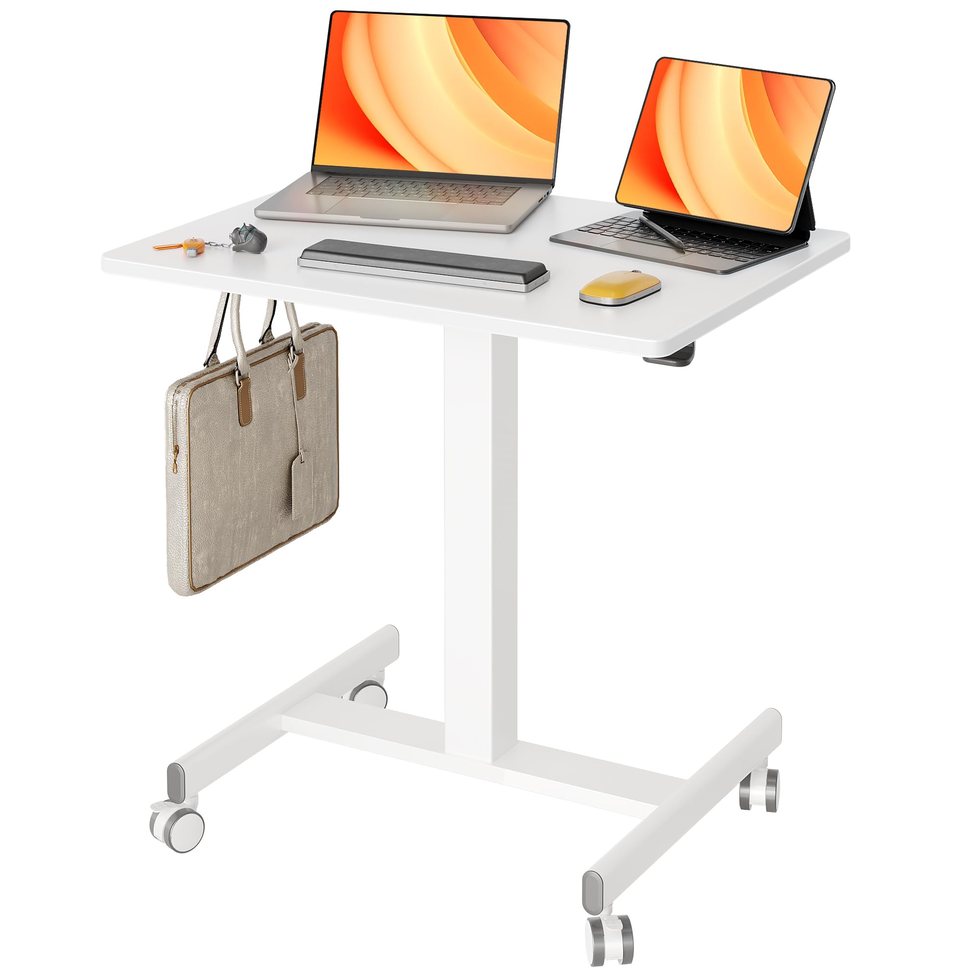 Claiks Adjustable Mobile Standing Desk - Compact Rolling Workstation with Wheels & Pneumatic Height Adjustment, White - Perfect for Home Office, Study & Small Spaces