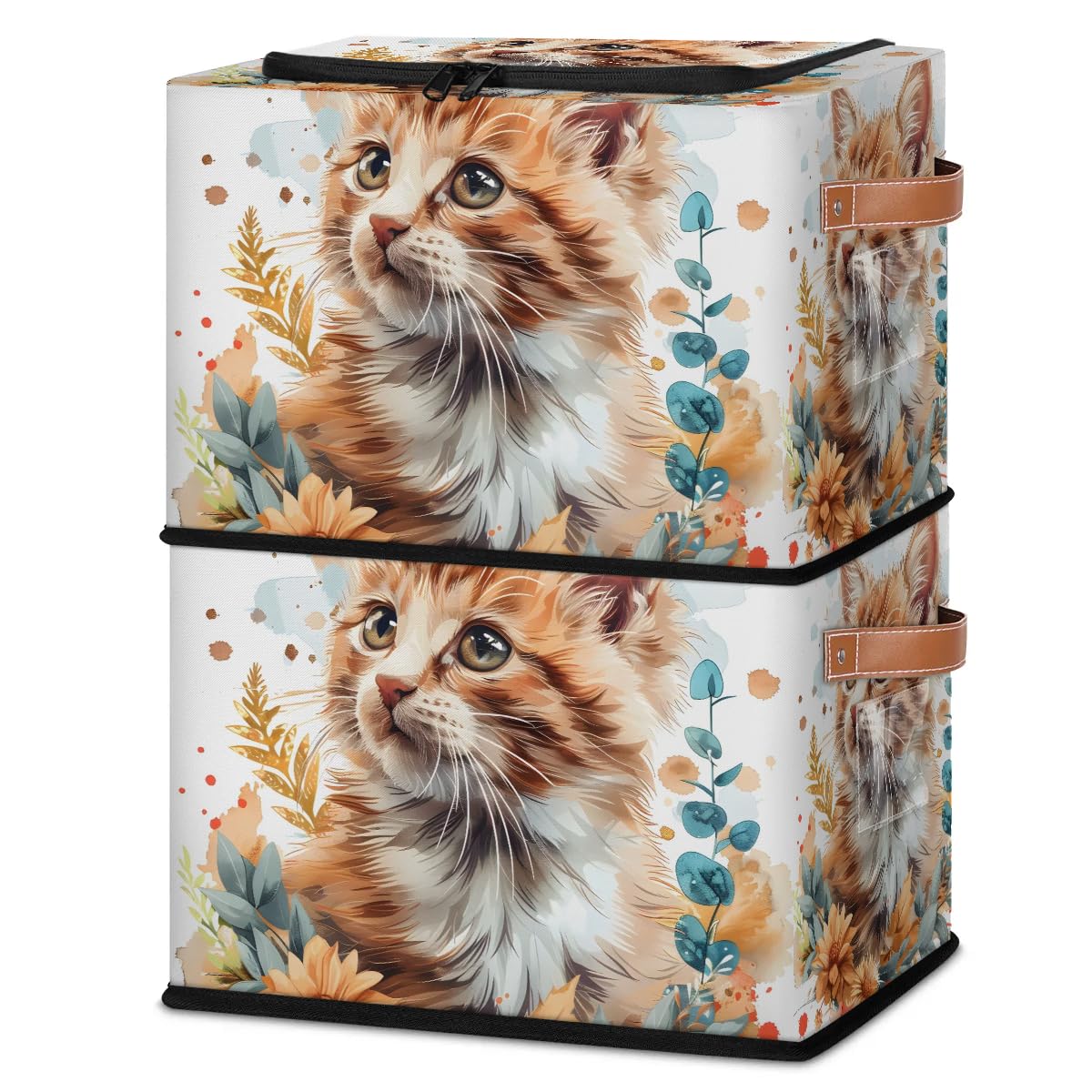 2-Pack Stackable Cat Leaf Pattern Storage Bins with Zipper Lid & Metal Frame - Closet Organizer Cubes with PU Handles for Clothes, Toys, Blankets - Perfect for Bedroom, Nursery, Dorm Organization