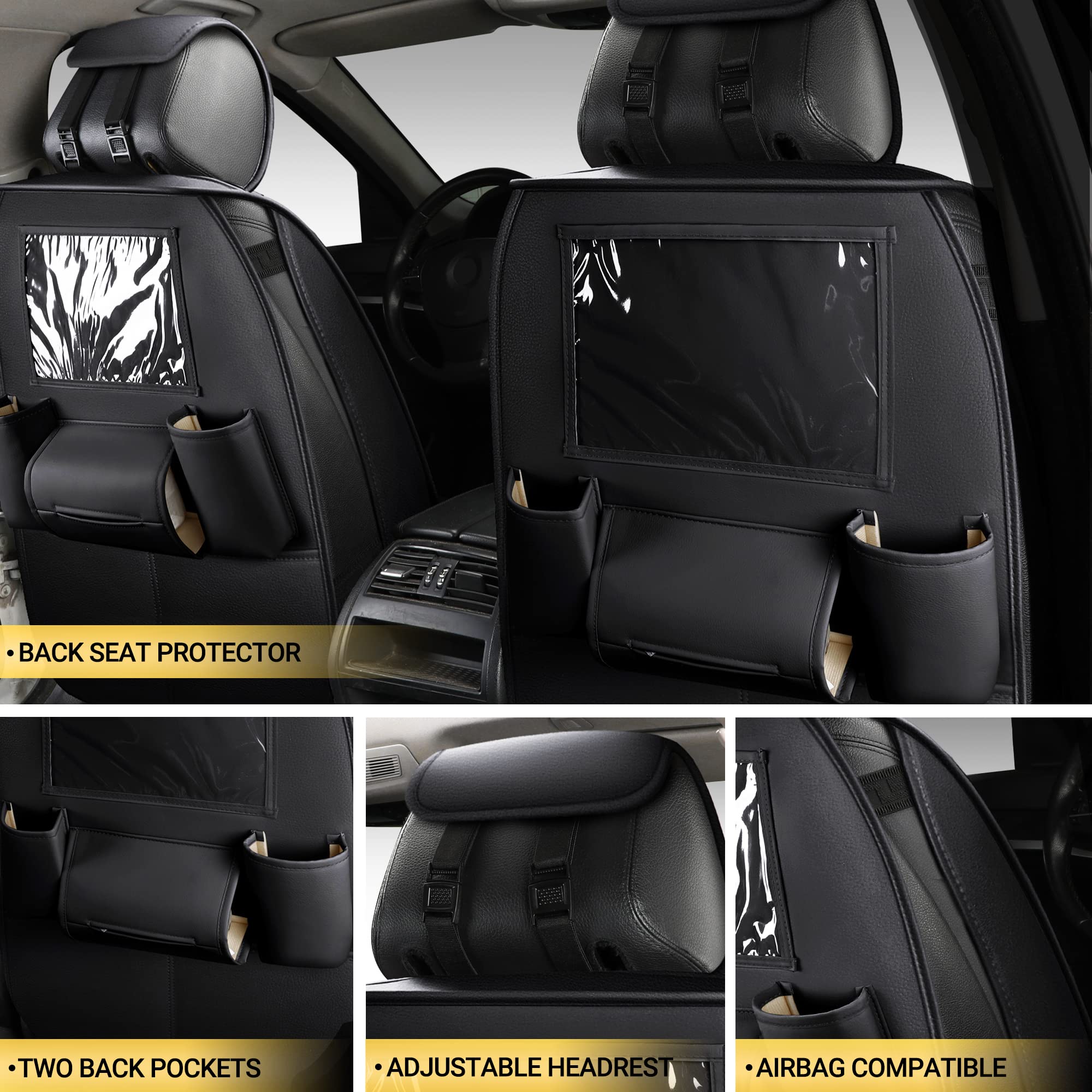 Premium AOOG Leather Car Seat Covers with Backseat Organizer - Universal Fit for Sedans, SUVs & Trucks (Front Pair, Black) | Durable Protection & Stylish Upgrade for Daily Commute, Road Trips & Family Travel