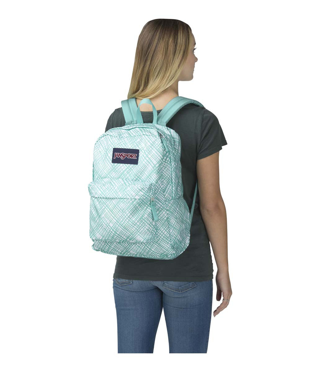 JanSport SuperBreak Backpack - Lightweight Laptop Backpack for School & Travel, Aqua Dash Jagged Plaid Design, Durable College Bookbag - Perfect for Students, Commuters & Outdoor Adventures