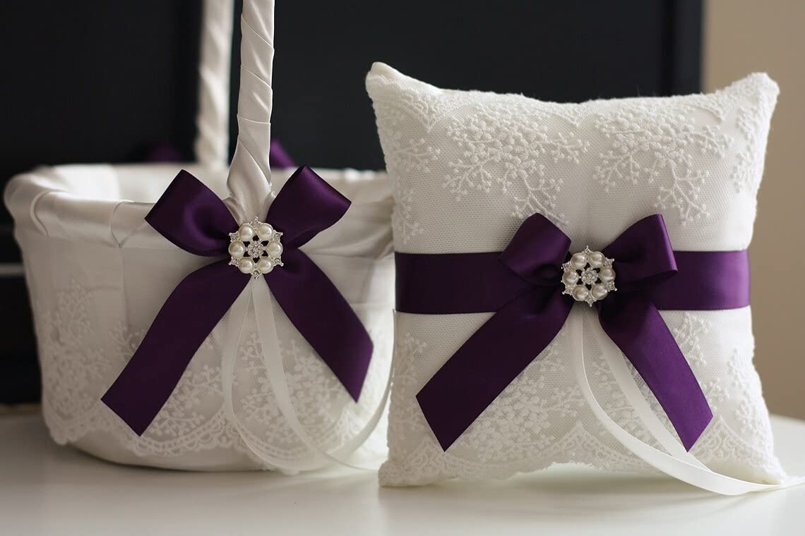 Silver Plum Flower Girl Basket & Ring Bearer Pillow Set - Elegant Wedding Accessories for Flower Girls & Ring Bearers (1 Pillow + 2 Baskets) - Perfect for Church Weddings, Garden Ceremonies & Outdoor Vows