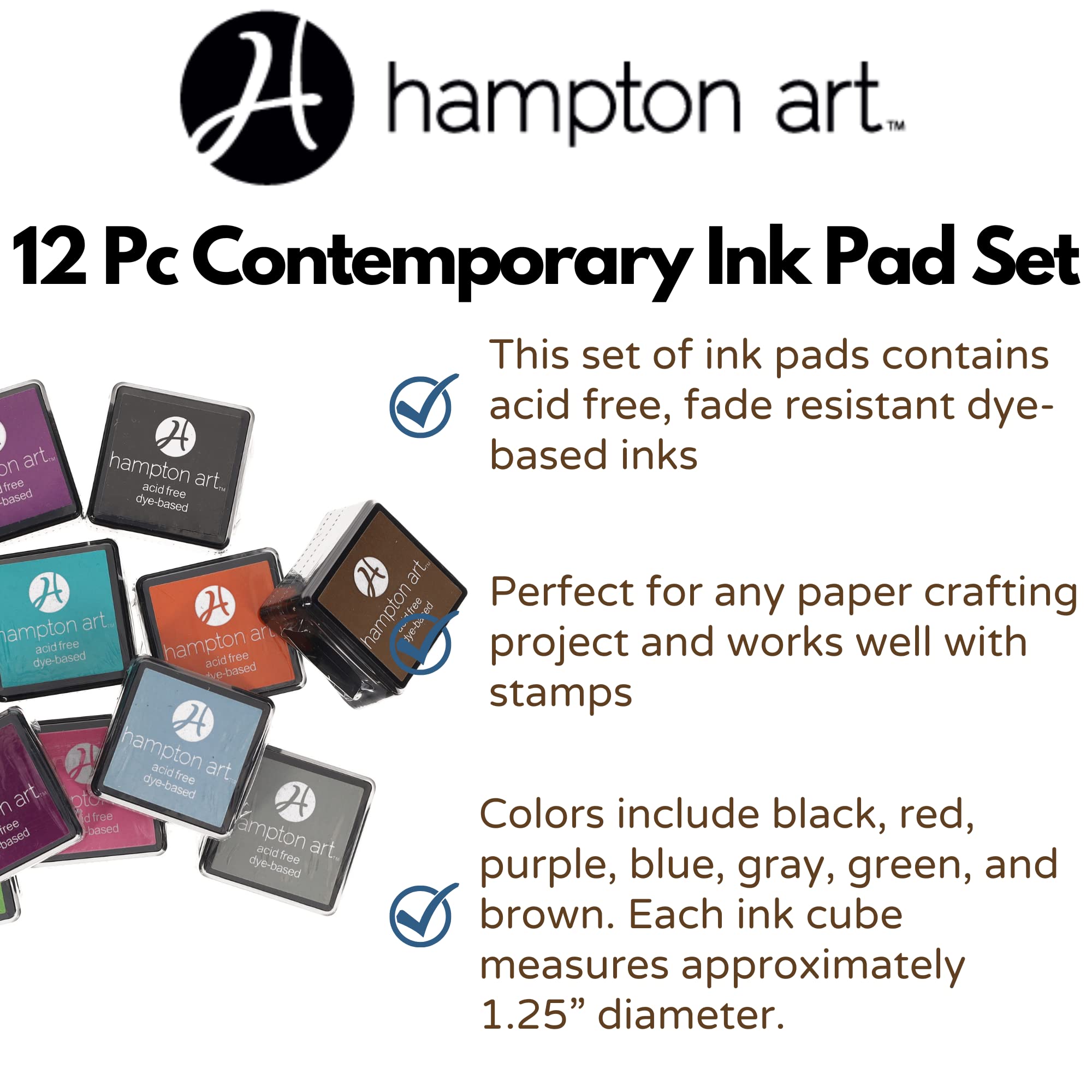 Hampton 12-Piece Washable Ink Pad Set for Stamps - Non-Toxic, Vibrant Colors for Kids & Crafting - Perfect for DIY Projects, Scrapbooking & Rubber Stamps