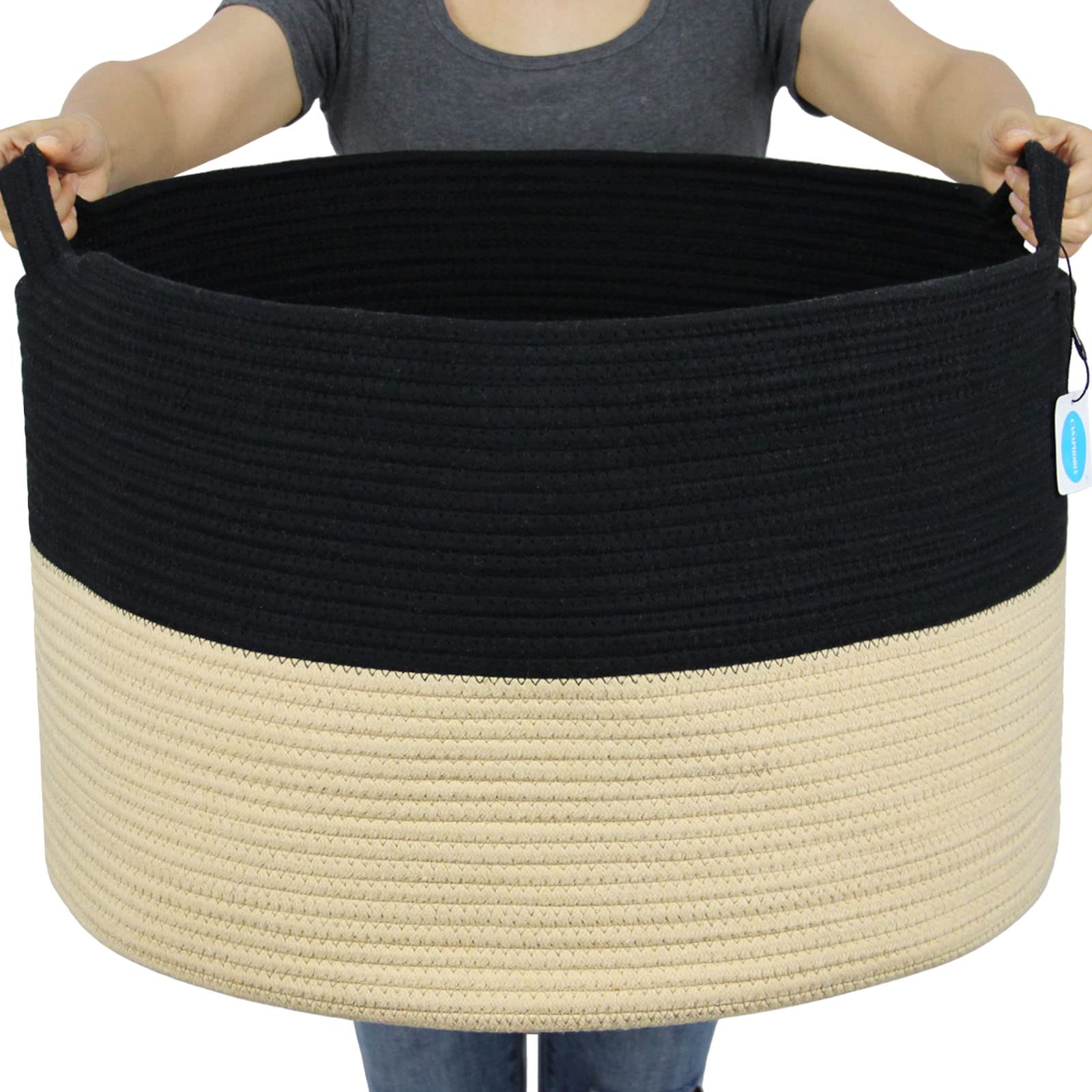 Casaphoria XXXLarge Woven Cotton Rope Basket - 21.7x21.7x13.8 Inch Laundry Hamper, Blanket Storage Bin with Handles for Comforters, Cushions & Clothes | Perfect for Bedroom, Nursery & Bathroom Organization | Black & Brown