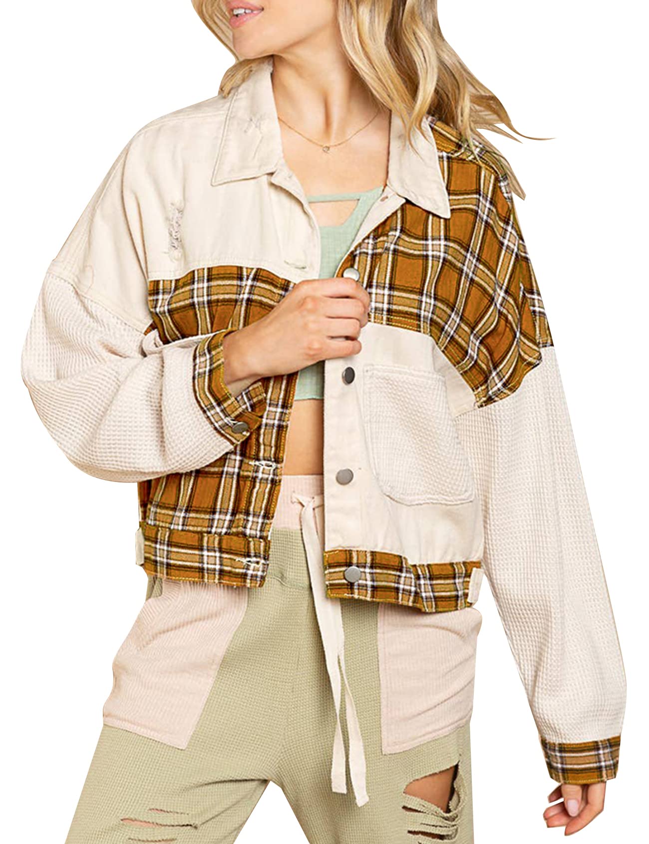 Flygo Women's Plaid Denim Jacket - Button Down Waffle Knit Shacket Coat for Women | Casual Outerwear for Fall & Spring | Perfect for Streetwear, Layering and Everyday Fashion