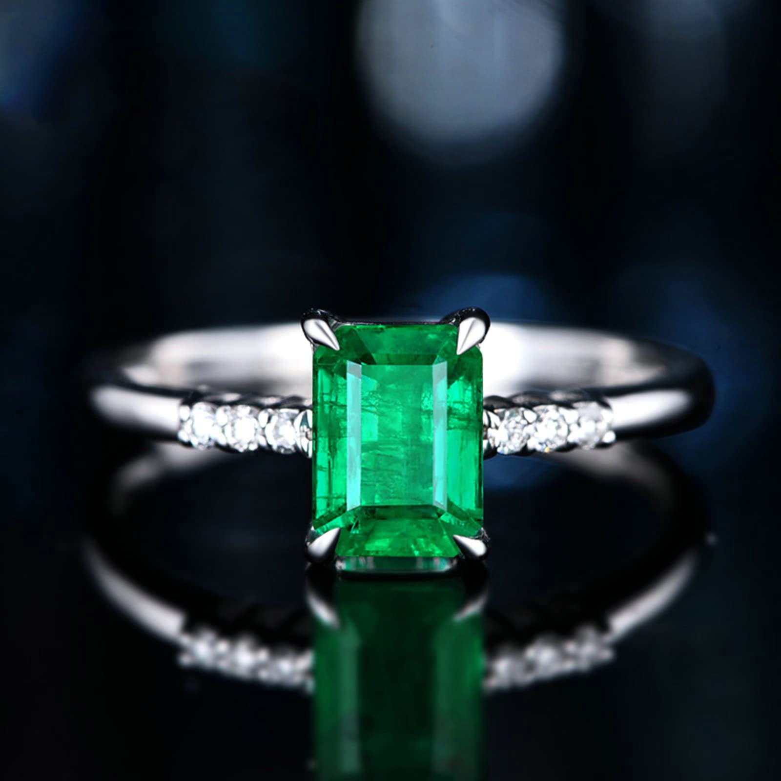 18K White Gold & 925 Sterling Silver Wedding Band for Women - Simple Vintage Moissanite/Zirconia Engagement Ring with Created Emerald | Perfect for Bridal Jewelry, Anniversary Gifts & Everyday Elegance