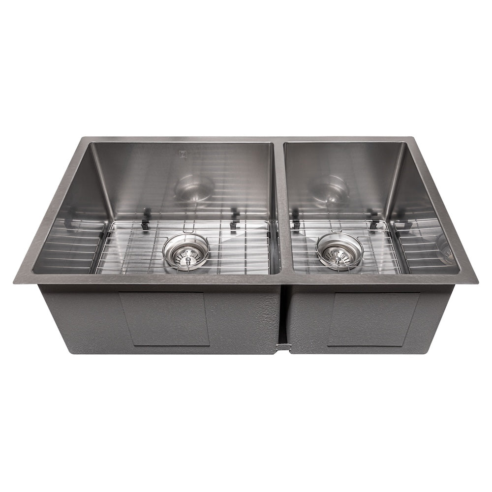 ZLINE 33-inch Undermount Double Bowl Stainless Steel Kitchen Sink with Bottom Grid - Multiple Color Options (SR60D 33) - Perfect for Modern Kitchens, Remodeling, and Heavy-Duty Cooking