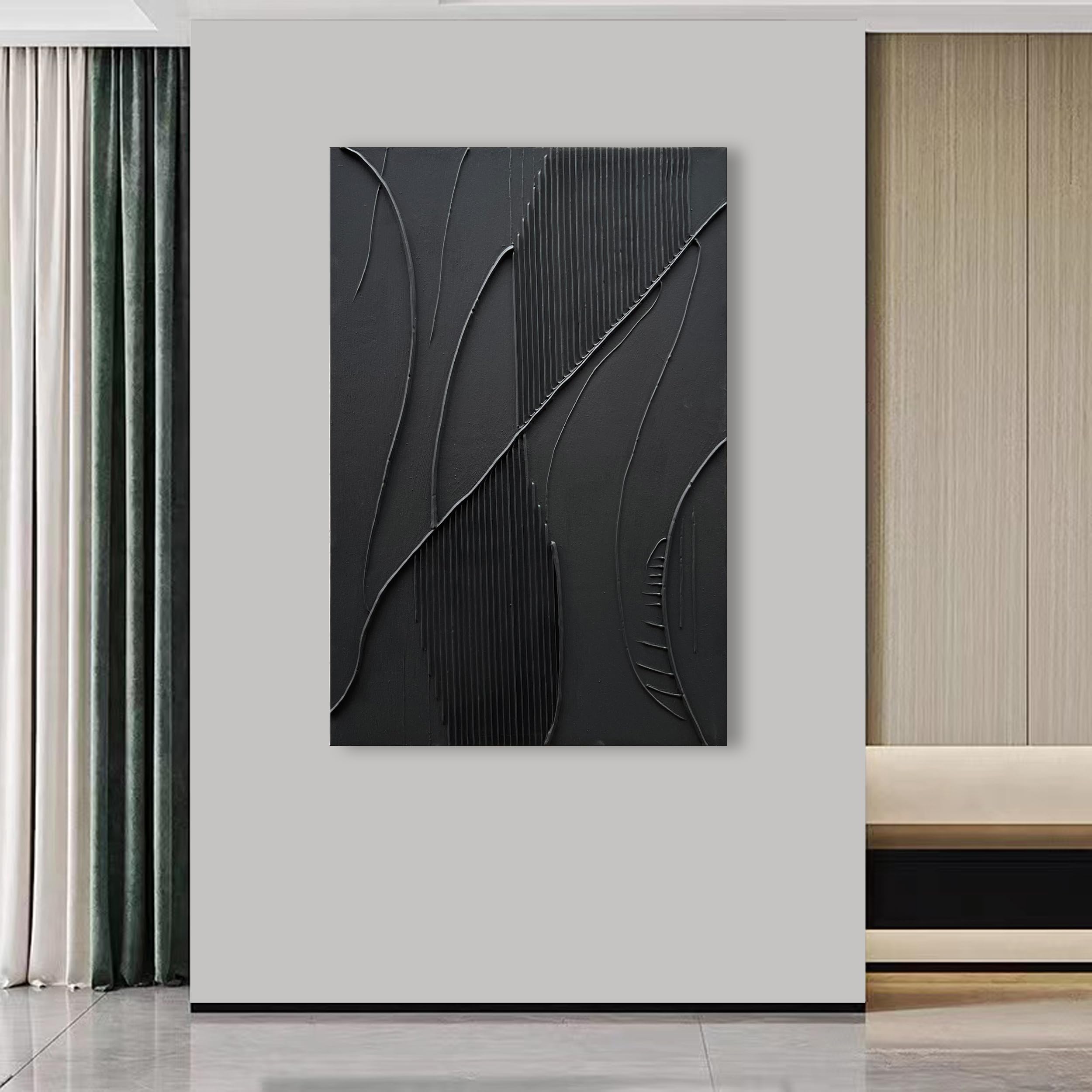 Hand-Painted Modern Minimalist Abstract Oil Painting - Black Texture Wall Art - 45x30 Inches - Large Contemporary Home Decor for Living Room, Bedroom & Office
