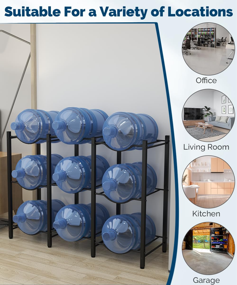 Mocomax 5 Gallon Water Jug Rack - Heavy Duty 3-Tier Detachable Holder for 9 Bottles, Space-Saving Cooler Organizer for Kitchen, Office, Living Room, Black | Perfect for Home, Camping, and Outdoor Parties
