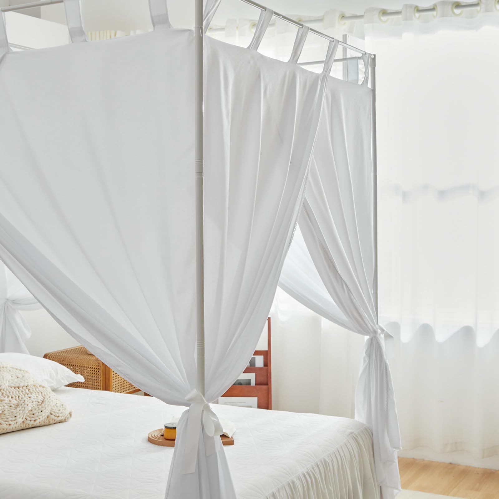 AIKASY White Canopy Bed Curtains with Top Ties & Tie Backs - Windproof & Lightproof Twin Size Bedroom Drapes for Princess Style Decor | Perfect for Girls' Bedrooms, Dorm Rooms & Romantic Wedding Settings