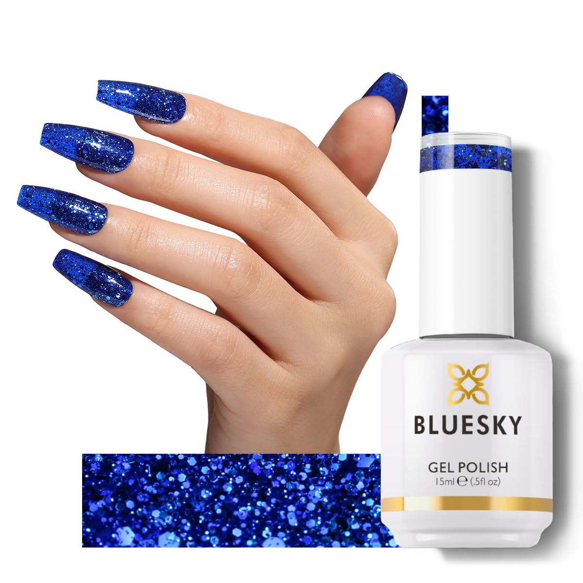BLUESKY Blue Reflective Glitter Gel Nail Polish - Shimmer Sparkly Soak Off UV/LED Gel Polish (15ml, Deep Royal Blue) | Long Lasting Vegan Nail Art Kit | Perfect for Manicures, Nail Salons & Gift for Women